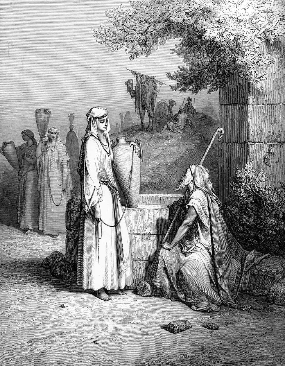 एलीएजर और रिबेका रेबेका, डोर द्वारा उत्कीर्ण। - बाइबिल द्वारा गुस्ताव डोर