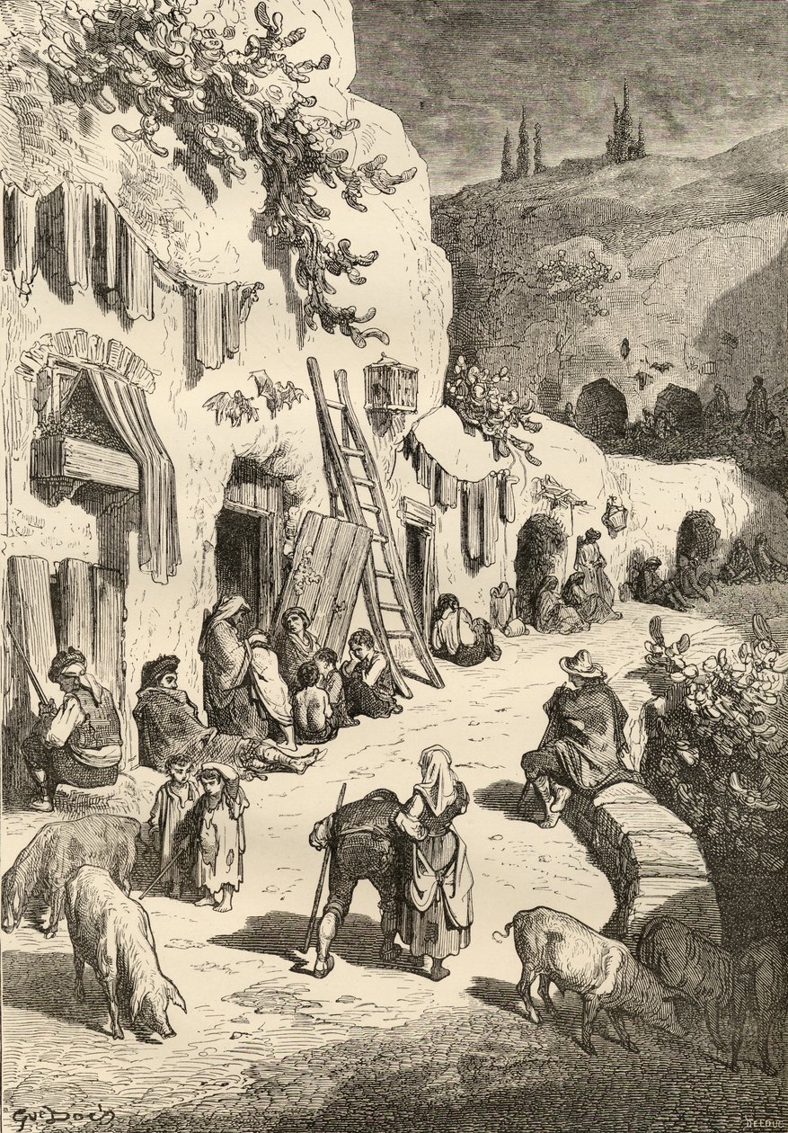 1870 में प्रकाशित रेवरेंड सैमुअल मैनिंग की &39;स्पेनिश पिक्चर्स&39; से जिप्सी गुफाएं, सैक्रो मोंटे, ग्रेनेडा, स्पेन द्वारा गुस्ताव डोर
