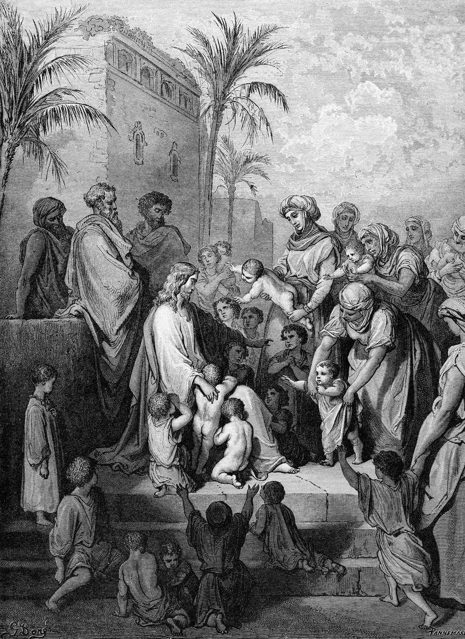 यीशु ने बच्चों को आशीर्वाद दिया, डोर द्वारा उत्कीर्ण। - बाइबिल द्वारा गुस्ताव डोर