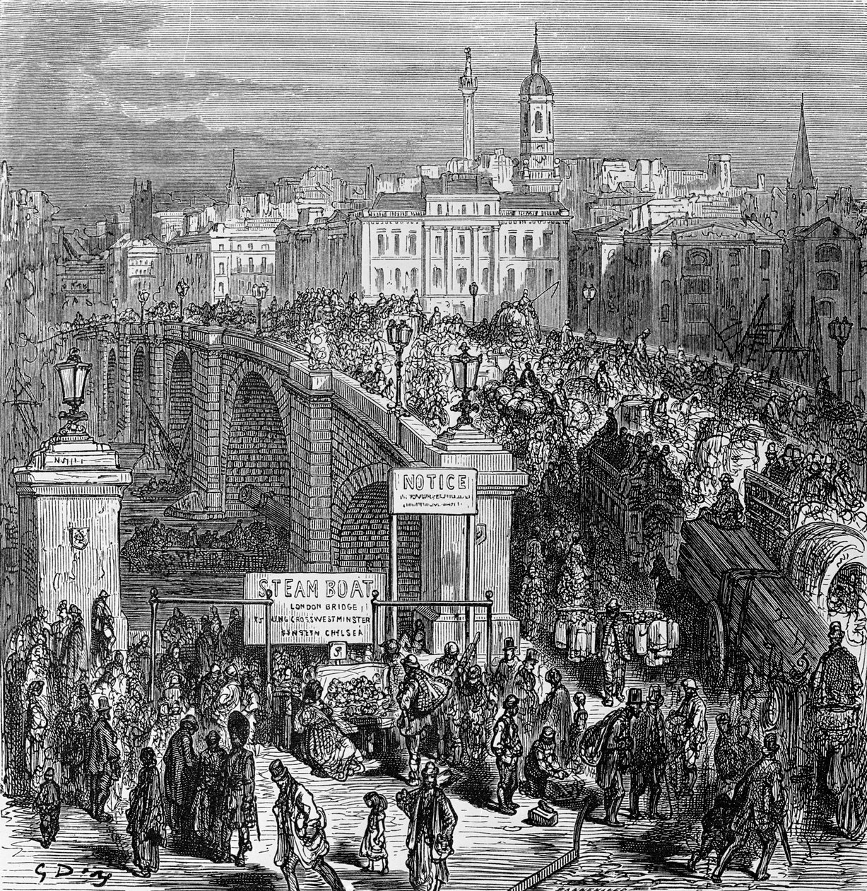 लंदन ब्रिज, 1875 में स्टीफन पैनमेकर द्वारा उकेरा गया द्वारा गुस्ताव डोर