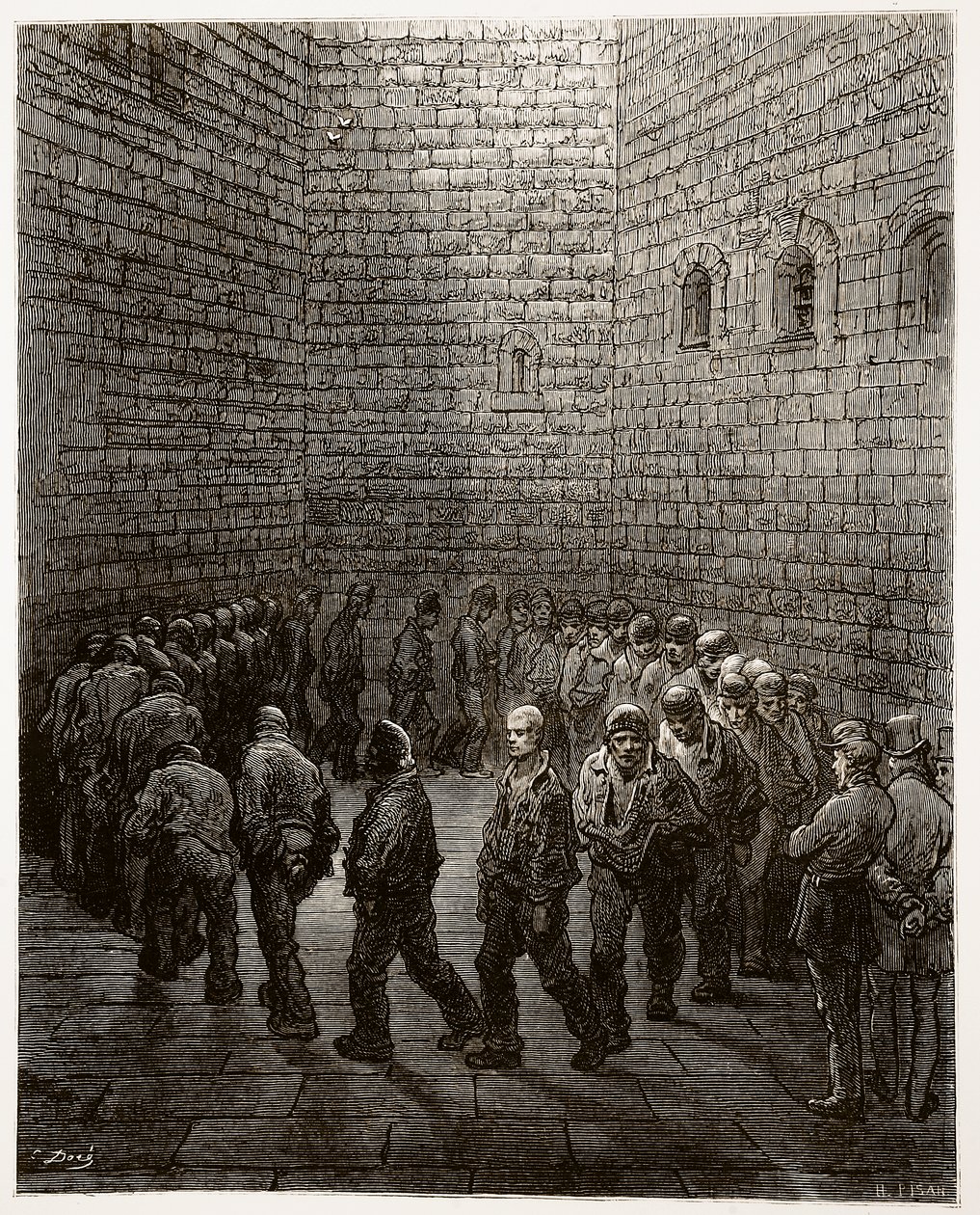 न्यूगेट - एक्सरसाइज यार्ड, &39;लंदन, ए पिलग्रिमेज&39;, जो विलियम ब्लैंचर्ड जेरोल्ड (1826-84) द्वारा लिखी गई थी, में हेलियोडोर जोसेफ पिसन (1822-90) पब द्वारा उकेरा गया था। 1872 द्वारा गुस्ताव डोर