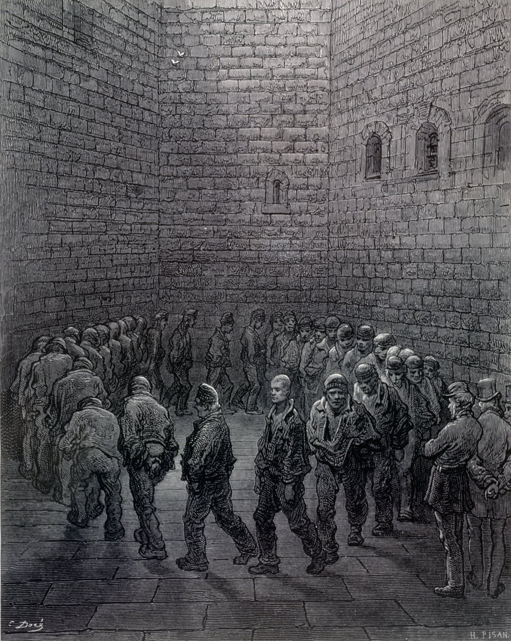 न्यूगेट - एक्सरसाइज यार्ड, &39;लंदन, ए पिलग्रिमेज&39; से, विलियम ब्लैंचर्ड जेरोल्ड (1826-84) द्वारा लिखित, हेलियोडोर जोसेफ पिसान (1822-90), पब द्वारा उत्कीर्ण। 1872 द्वारा गुस्ताव डोर