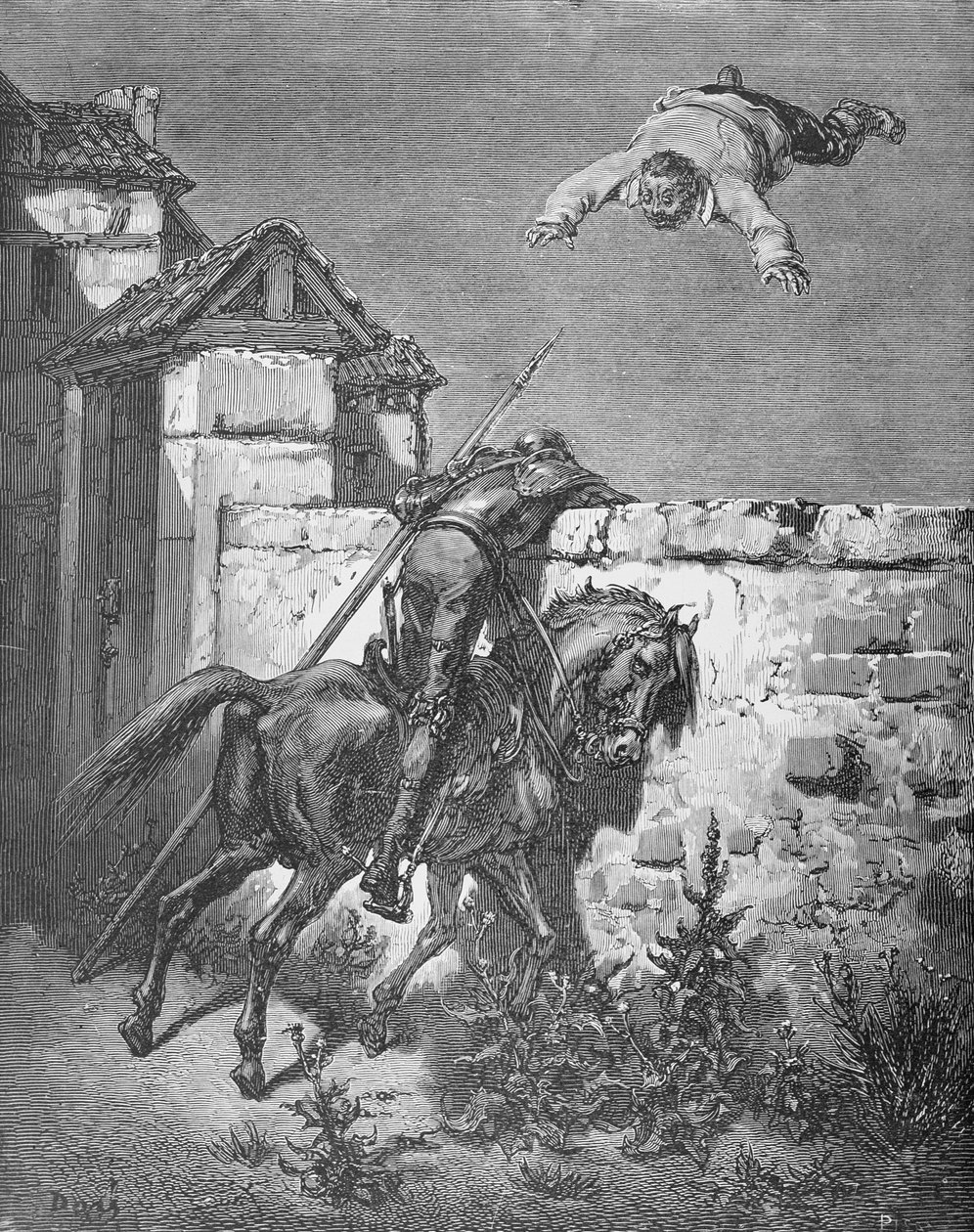 हेलोयोर जोसेफ पिसान (1822-90) c.1868 द्वारा उत्कीर्ण मिगुएल ग्रीवांट्स (1547-1616) द्वारा &39;डॉन क्विक्सोट डी ला मंच&39; से एक ब्लैंकेट में सान्चो टॉस किया गया। द्वारा गुस्ताव डोर