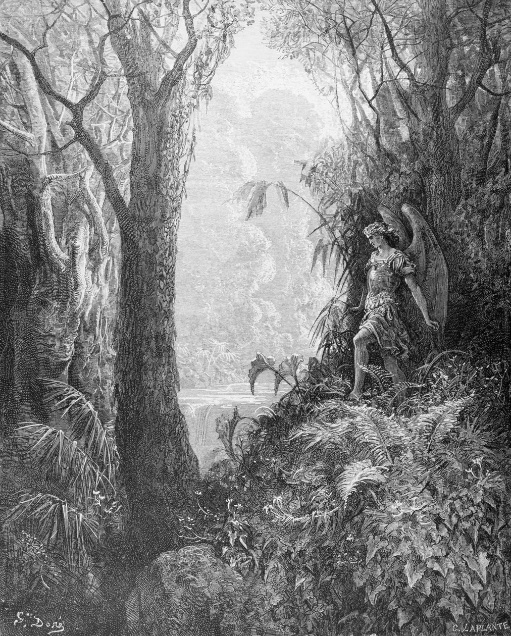 जॉन मिल्टन (1608-74) द्वारा &39;पैराडाइज लॉस्ट&39; की पुस्तक IV से स्वर्ग में शैतान, चार्ल्स लैपांटे (d.1903) c.1868 द्वारा उत्कीर्ण द्वारा गुस्ताव डोर