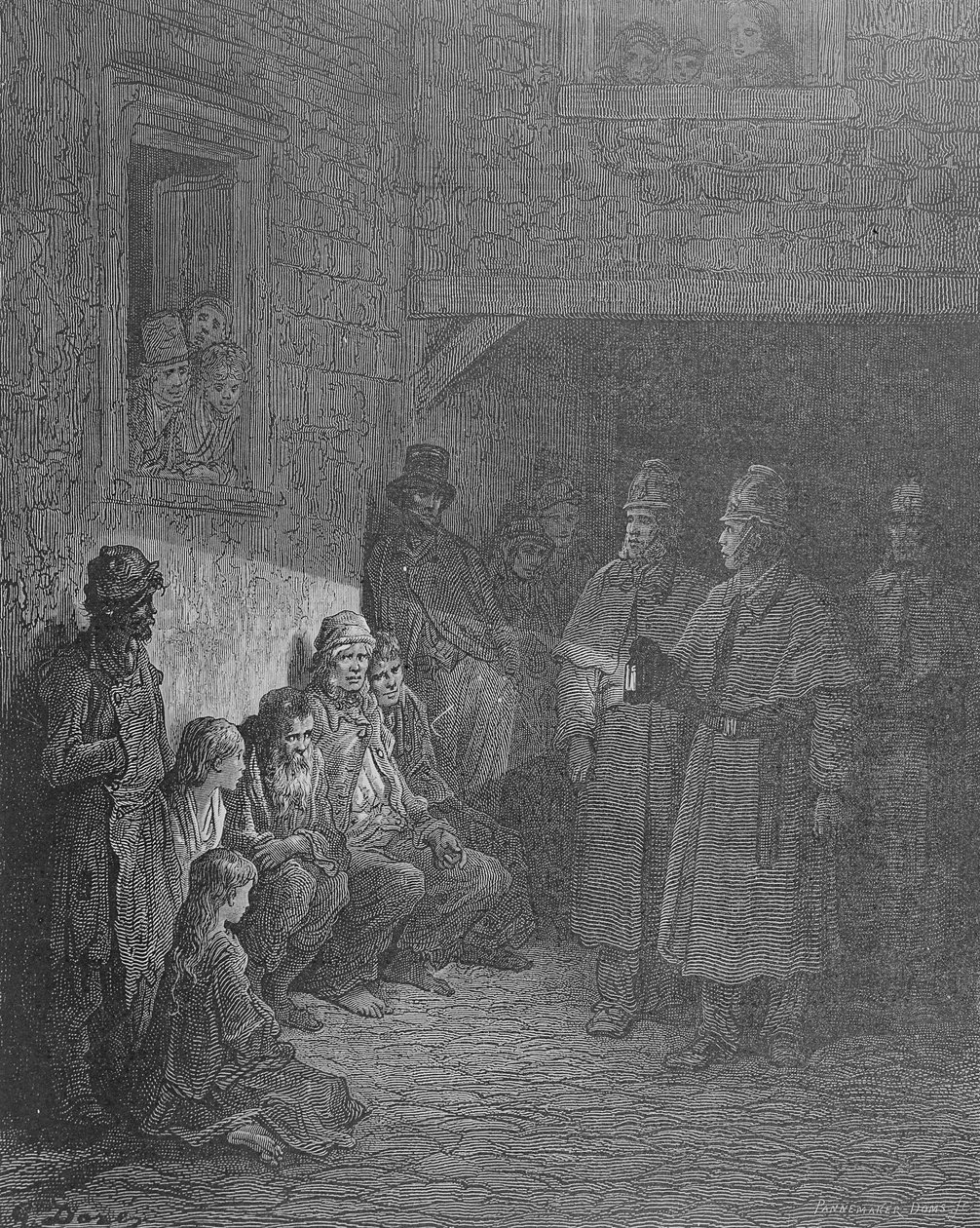 द बैल-आई, &39;लंदन, ए पिलग्रिमेज&39;, जो विलियम ब्लैंचर्ड जेरोल्ड (1826-84) द्वारा लिखी गई है, को एडोल्फ फ्रेंकोइस पनेमेकर (बी .1822) पब ने उकेरा था। 1872 द्वारा गुस्ताव डोर