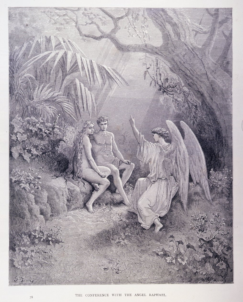 एंजेल राफेल के साथ सम्मेलन, जॉन मिल्टन (1608-74) की पुस्तक वी &39;पैराडाइज लॉस्ट&39; से, मोंटवाल्सन द्वारा उत्कीर्ण, c.1868 द्वारा गुस्ताव डोर