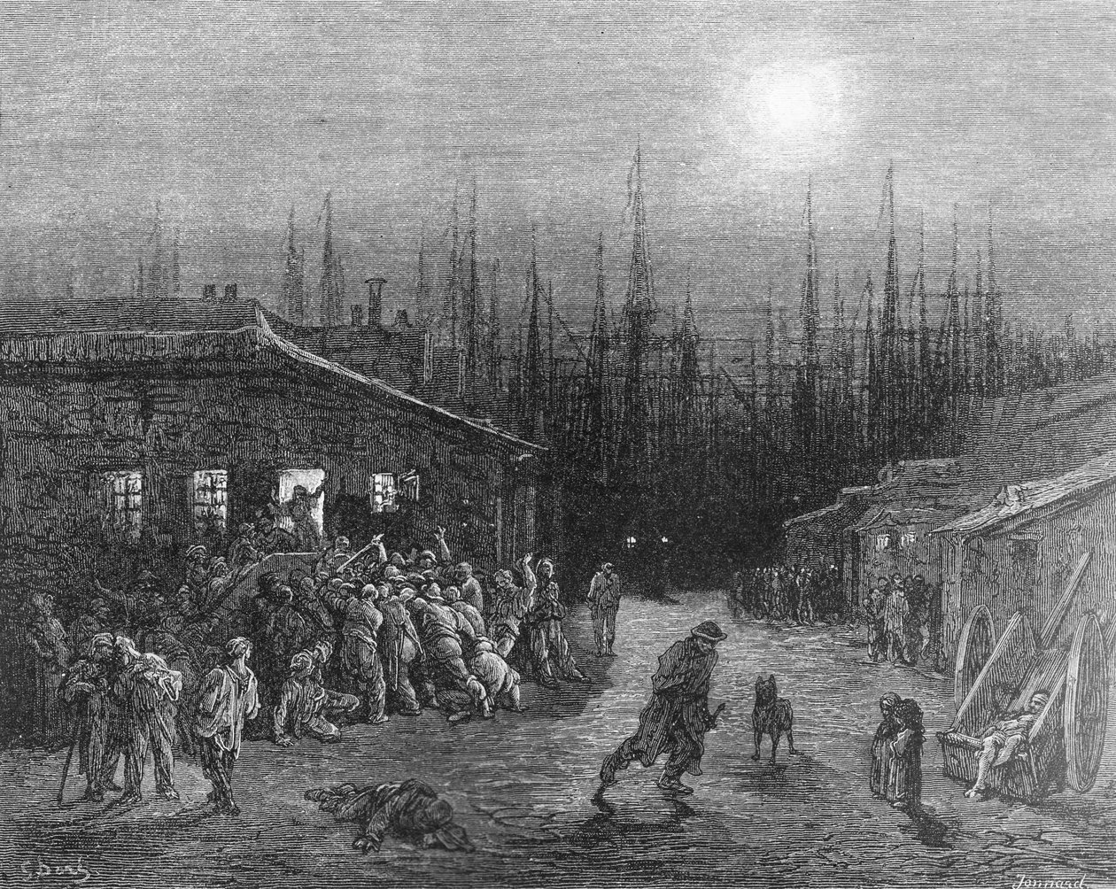 डॉक्स नाइट सीन,, लंदन, ए पिलग्रिमेज ’से, विलियम ब्लैंकहार्ड जेरोल्ड (1826-84) द्वारा लिखित, पॉल जॉनार्ड-पैकेल (d.1902), द्वारा उत्कीर्ण। 1872 द्वारा गुस्ताव डोर
