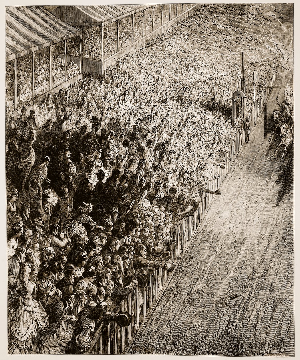 डर्बी की फिनिशिंग लाइन,, लंदन, ए पिलग्रिमेज ’, विलियम ब्लैंकार्ड जेरोल्ड (1826-94) द्वारा लिखी गई, जो कि पैनमेकर, पब द्वारा उकेरी गई थी। 1872 द्वारा गुस्ताव डोर
