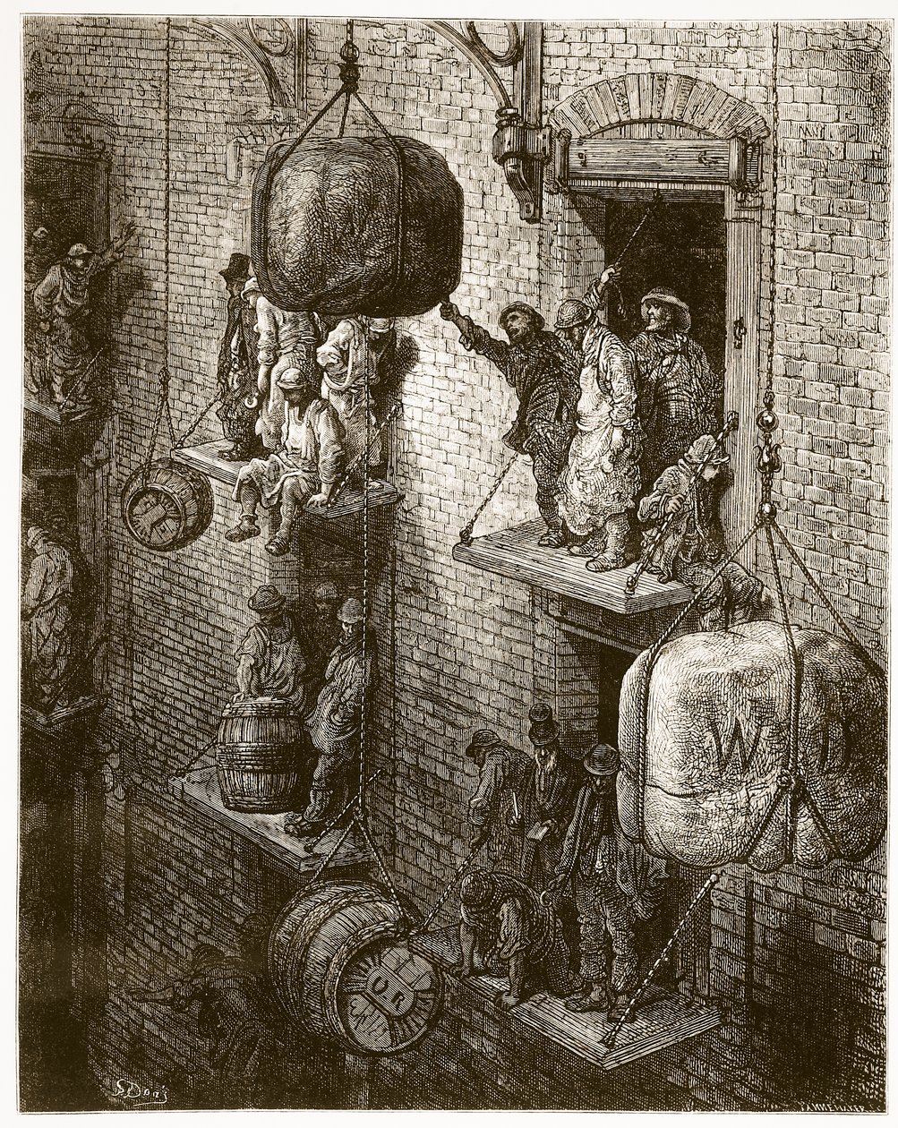 विलियम ब्लॉन्चर्ड जेरोल्ड (1826-84) द्वारा लिखित &39;लंदन, ए पिलग्रिमेज&39; से शहर में वेयरहाउसिंग, एडोलपे फ्रेंकोइस पनेमेकर (बी ..1822) पब द्वारा उकेरी गई है। 1872 द्वारा गुस्ताव डोर