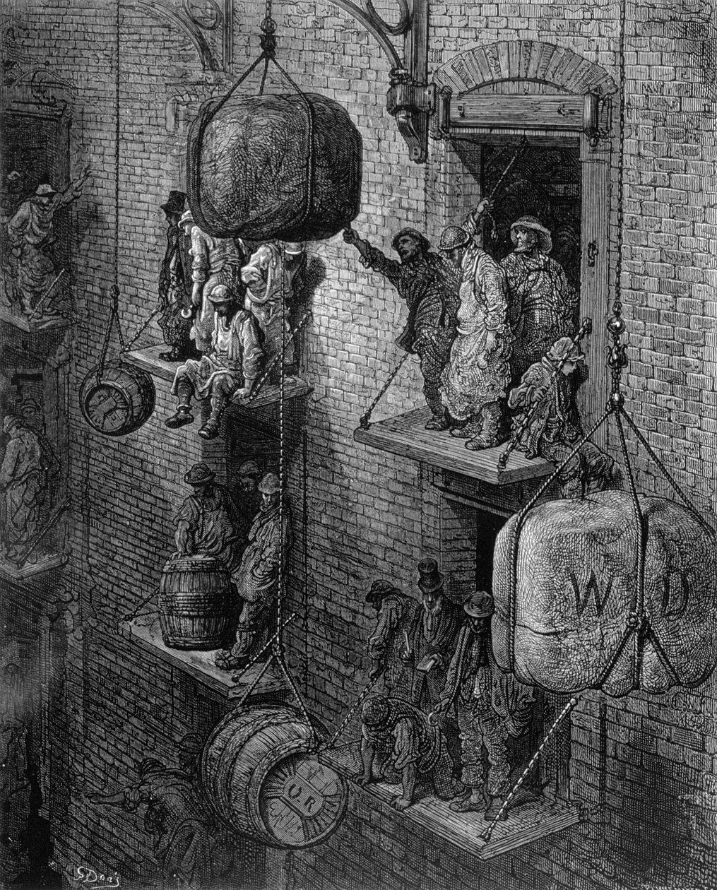 विलियम ब्लैंचर्ड जेरोल्ड (1826-84) द्वारा लिखित &39;लंदन, ए पिलग्रिमेज&39; से सिटी में वेयरहाउसिंग, जो कि स्टीफन पैनमेकर (1847-1930), द्वारा उत्कीर्ण है। 1872 द्वारा गुस्ताव डोर