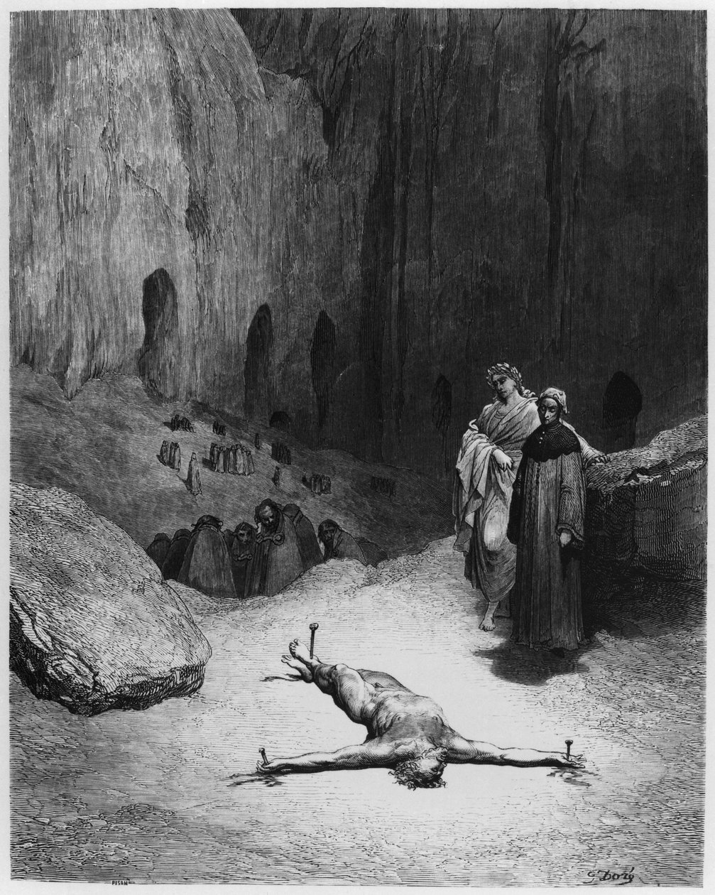 क्रूसीफाइड मैन, दांते अलीघिएरी (1265-1321) पेरिस द्वारा प्रकाशित 'द डिवाइन कॉमेडी' (इन्फर्नो) का चित्रण, 1885 में प्रकाशित (उत्कीर्णन) (बी/डब्ल्यू फोटो) द्वारा गुस्ताव (बाद में) डोर