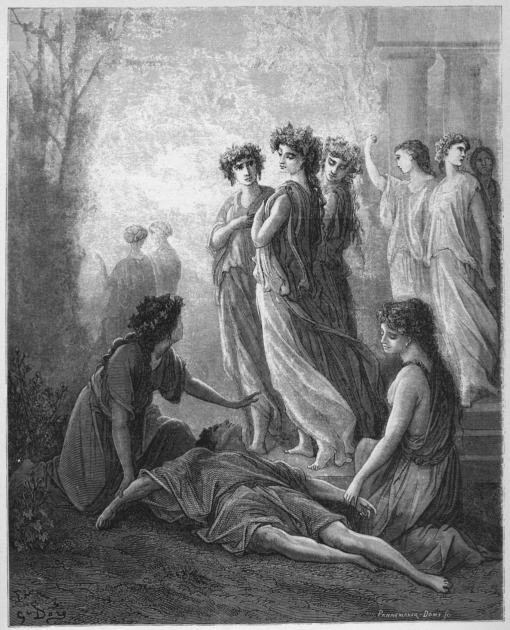 Daphnis et Alcimadure - Daphnis and Alcimaduro - जीन डे ला फोंटेन (लाफोंटेन) (1621-95) द्वारा 'फेबल्स' से - गुस्ताव डोर (1832-83) के बाद उत्कीर्णन - निजी संग्रह द्वारा गुस्ताव (बाद में) डोर