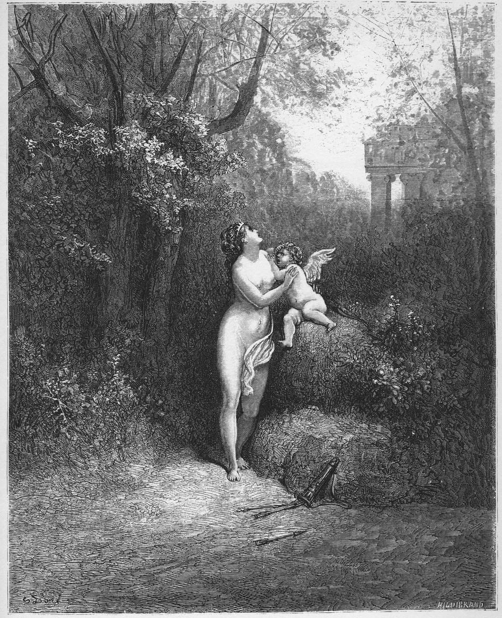 ल'अमोर एट ला फोली - लव एंड मैडनेस - जीन डे ला फोंटेन (लाफोंटेन) (1621-95) द्वारा 'फेबल्स' से - गुस्ताव डोर (1832-83) के बाद उत्कीर्णन - निजी संग्रह द्वारा गुस्ताव (बाद में) डोर