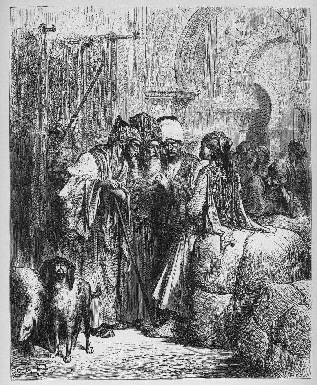 ले बासा (पाशा) एट ले मारचंद - जीन डे ला फोंटेन (लाफोंटेन) (1621-95) द्वारा 'फेबल्स' से - गुस्ताव डोर (1832-83) के बाद उत्कीर्णन - निजी संग्रह द्वारा गुस्ताव (बाद में) डोर