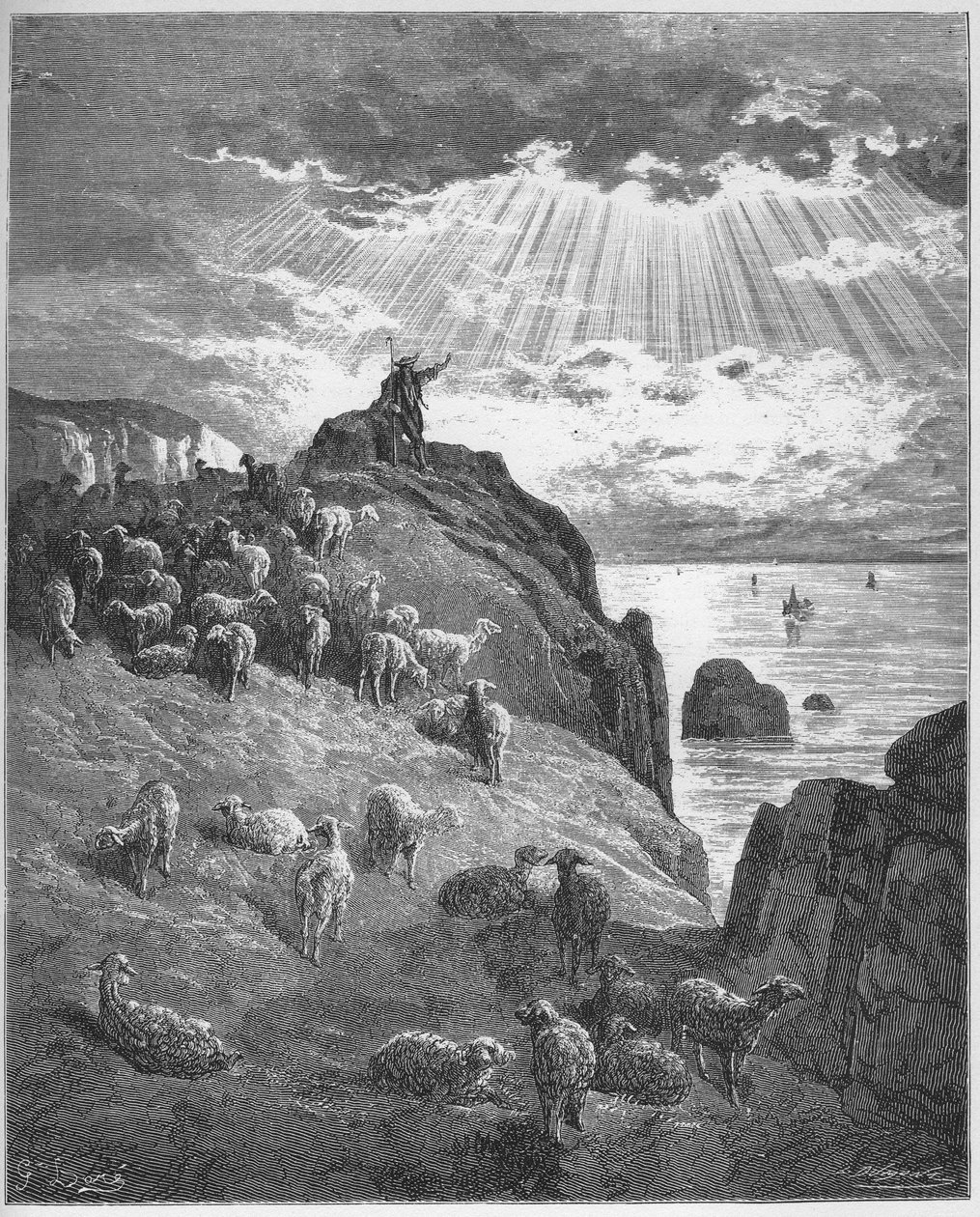 ले बर्जर एट ला मेर - द शेफर्ड एंड द सी - जीन डे ला फोंटेन (लाफोंटेन) (1621-95) द्वारा 'फेबल्स' से - गुस्ताव डोर (1832-83) के बाद उत्कीर्ण - निजी संग्रह द्वारा गुस्ताव (बाद में) डोर