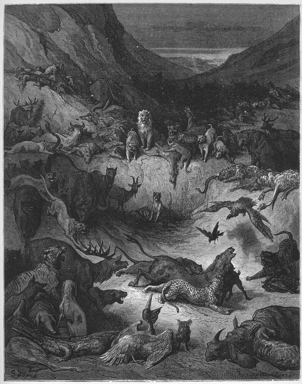 Les Animaux maladie de la Pleste - द एनिमल्स फॉलन सिक विद द प्लेग - जीन डे ला फोंटेन (लाफोंटेन) (1621-95) द्वारा 'फेबल्स' से - गुस्ताव डोर (1832-83) के बाद उत्कीर्णन - निजी संग्रह द्वारा गुस्ताव (बाद में) डोर
