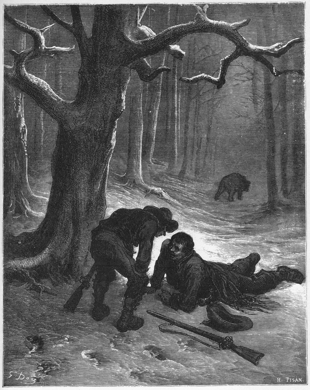 L'ours et les deux Compagnons - The Bear and the Travelers - 'Fables' by Jean de La Fontaine (Lafontaine) (1621-95) - Engravin after Gustave Dore (1832-83) - निजी संग्रह द्वारा गुस्ताव (बाद में) डोर