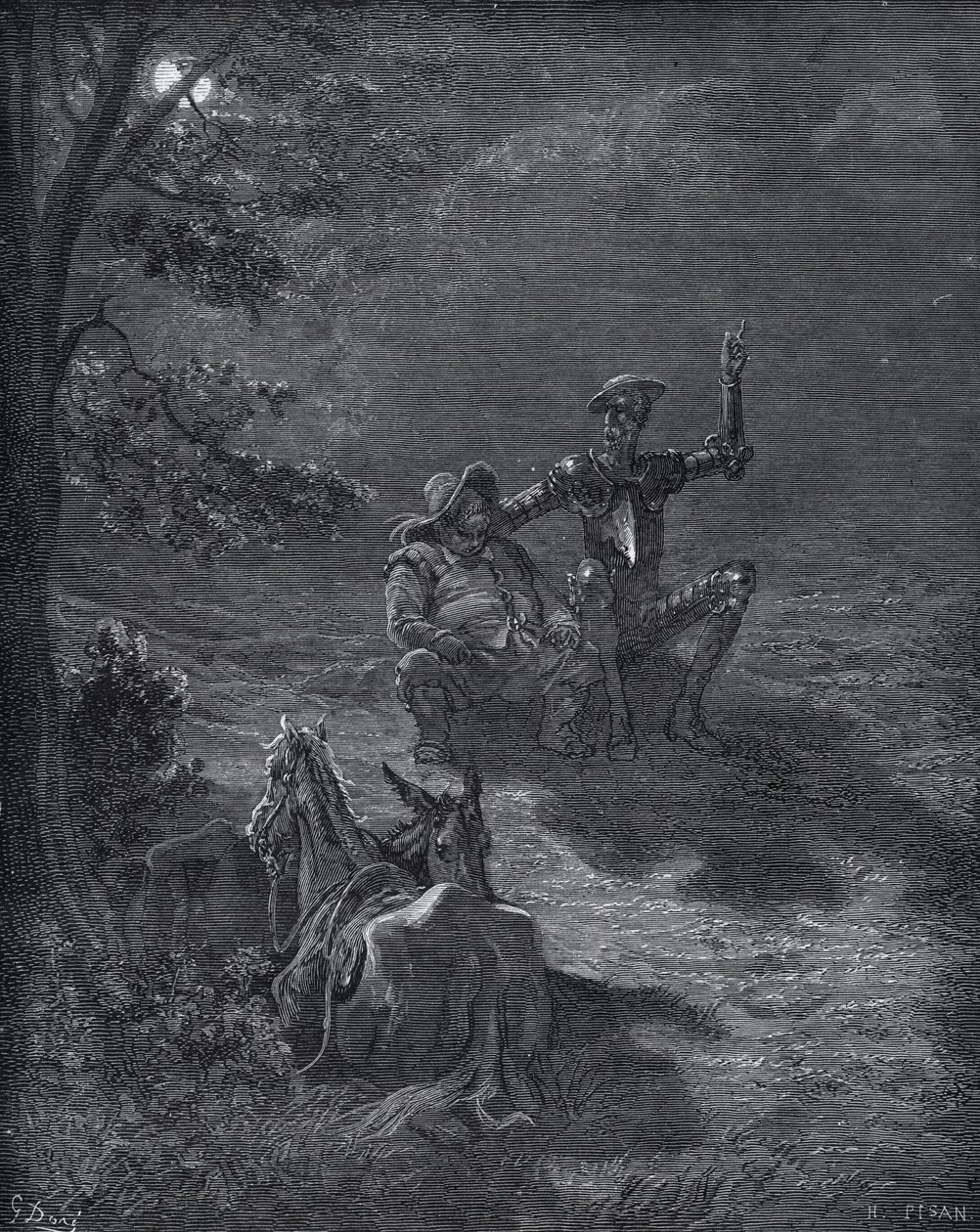 एक निशाचर प्रवचन - मिगुएल सर्वेंट्स (1547-1616) (डॉन क्विक्सोट) द्वारा "डॉन क्विक्सोट डे ला मंच" से - गुस्ताव डोर द्वारा ड्राइंग के बाद वुडकट द्वारा गुस्ताव डोर