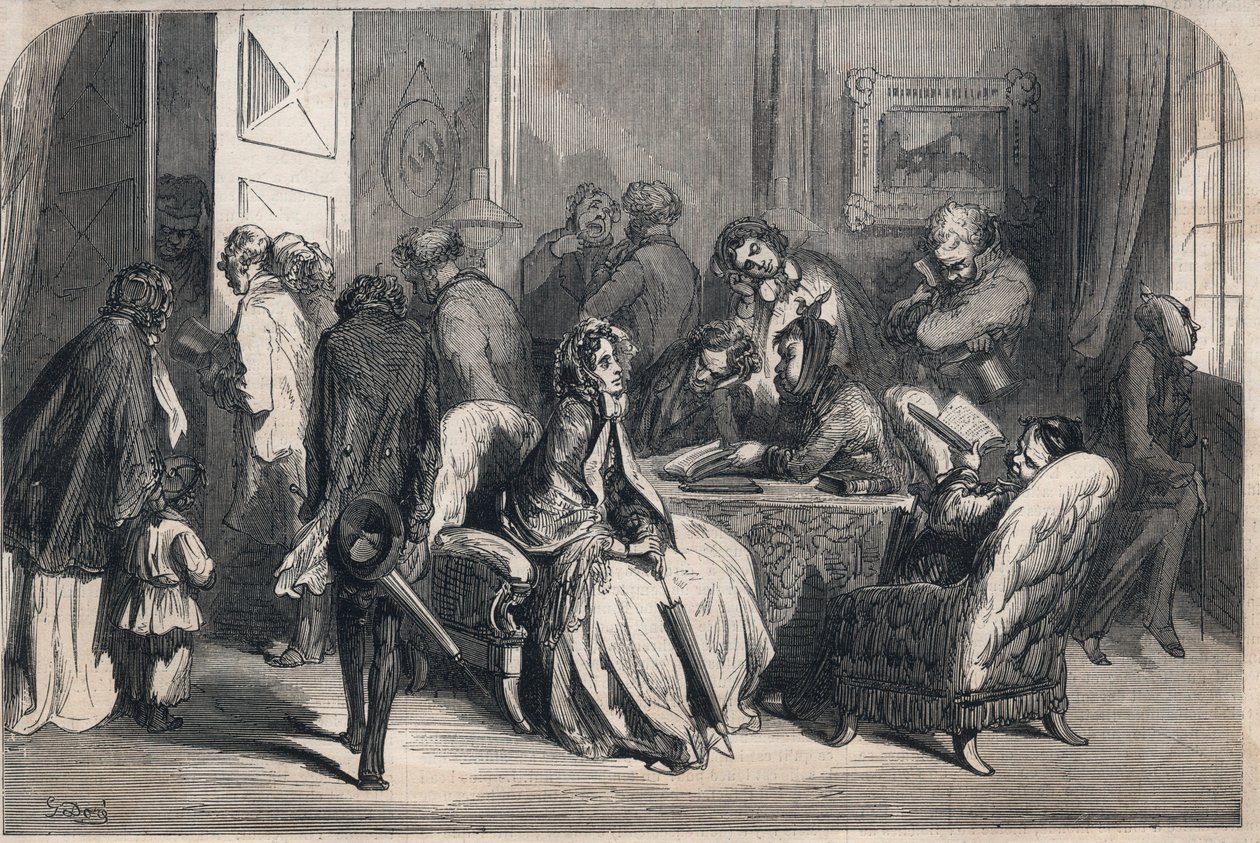 एक दंत चिकित्सक का एंटेचैम्बर। गुस्ताव डोर (1832-1883) द्वारा ड्राइंग। 1862 से "ले मोंडे शानदार" में उत्कीर्णन। निजी संग्रह। द्वारा गुस्ताव डोर
