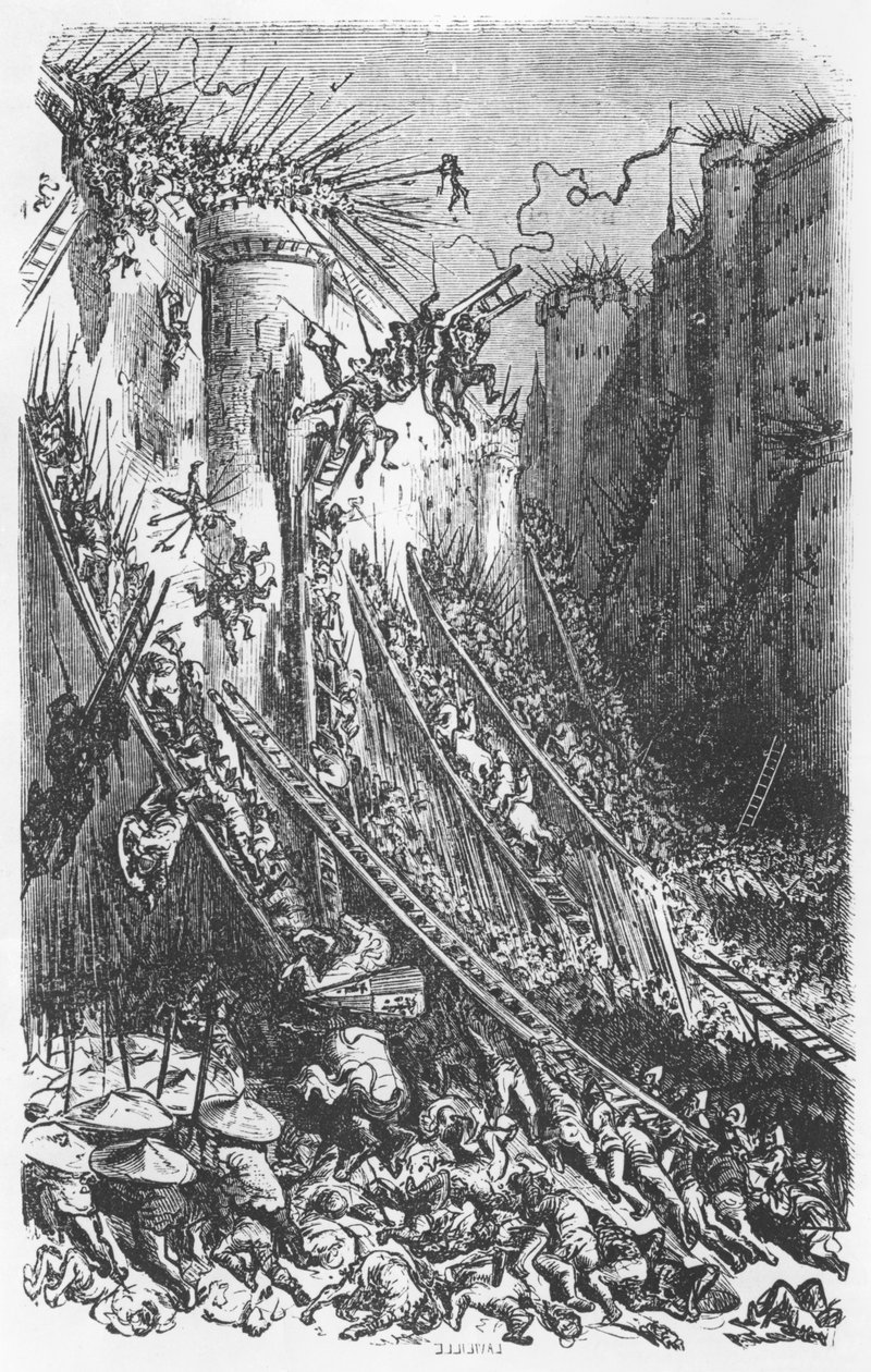 एक महल या किले के शहर पर हमला, ऑनर डी बाल्ज़ाक (1799-1850) द्वारा &39;लेस कॉन्टेस ड्रोलैटिक्स&39; का चित्रण द्वारा गुस्ताव डोर