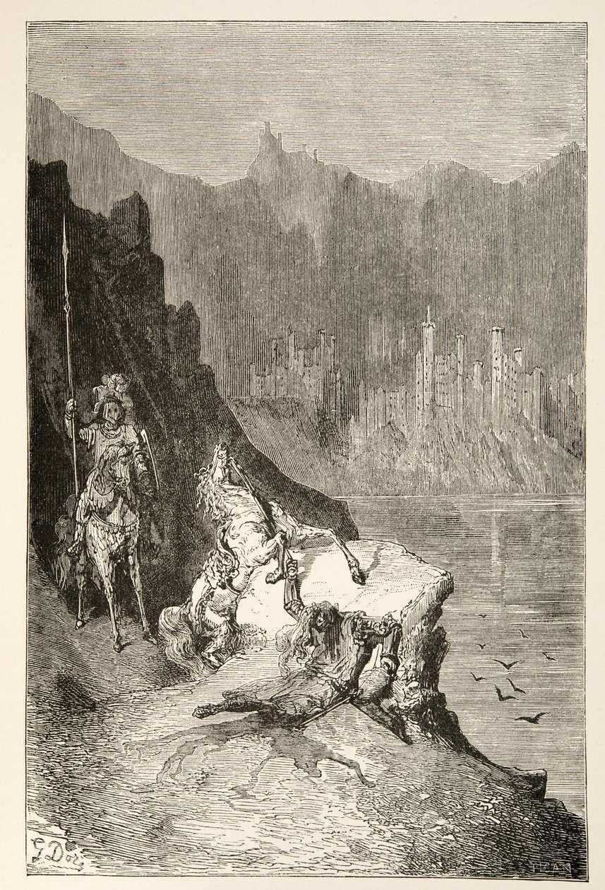 चार्ल्स हेनरी हैनसन द्वारा बाल आर्थर ऑफ़ द डेज़ ऑफ़ किंग आर्थर से बालिन स्लेज लैंस द्वारा गुस्ताव डोर