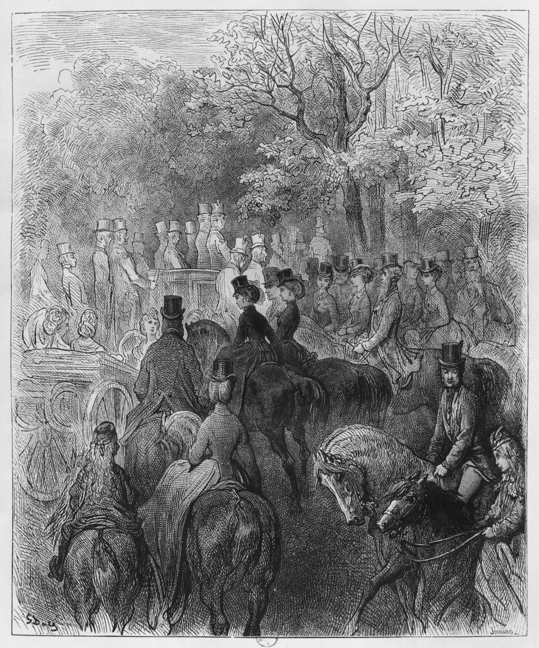हाइड पार्क में गाड़ियां और सवारियां, लुईस एनॉल्ट (1824-1900) 1876 के &39;लोंड्रेस&39; का चित्रण, पॉल जोंनार्ड-पैकेल (d.1902) पेरिस, हैचेट द्वारा गुस्ताव डोर