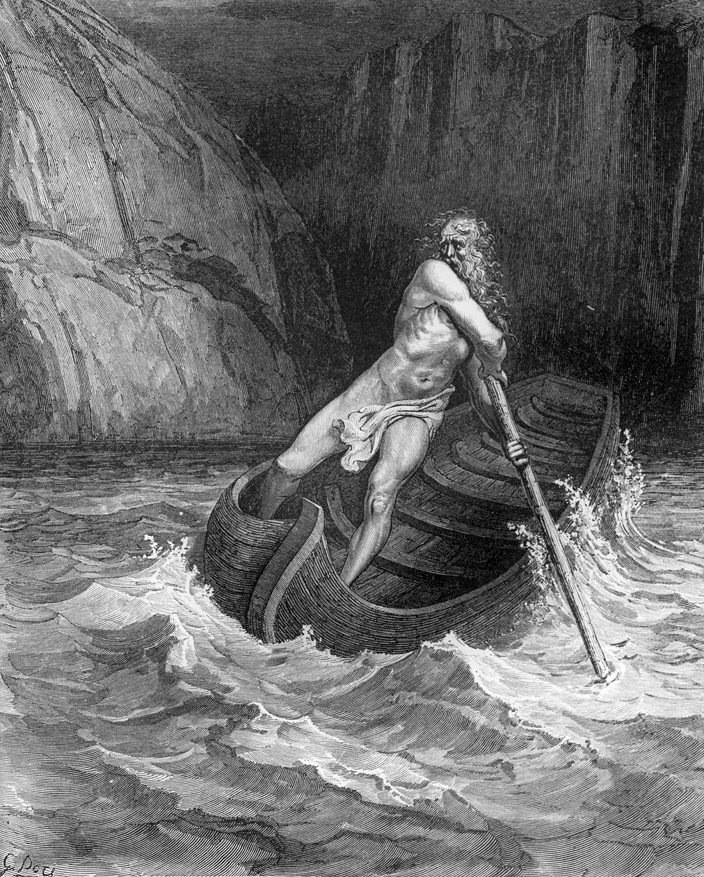 चारोन, द डिवाइन कॉमेडी (इनफर्नो) से दांते एलेगियरी (1265-1321) के नरक के फेरीवाले, स्टीफन पन्नमेकर (1847-1930) c.1868 द्वारा उत्कीर्ण द्वारा गुस्ताव डोर