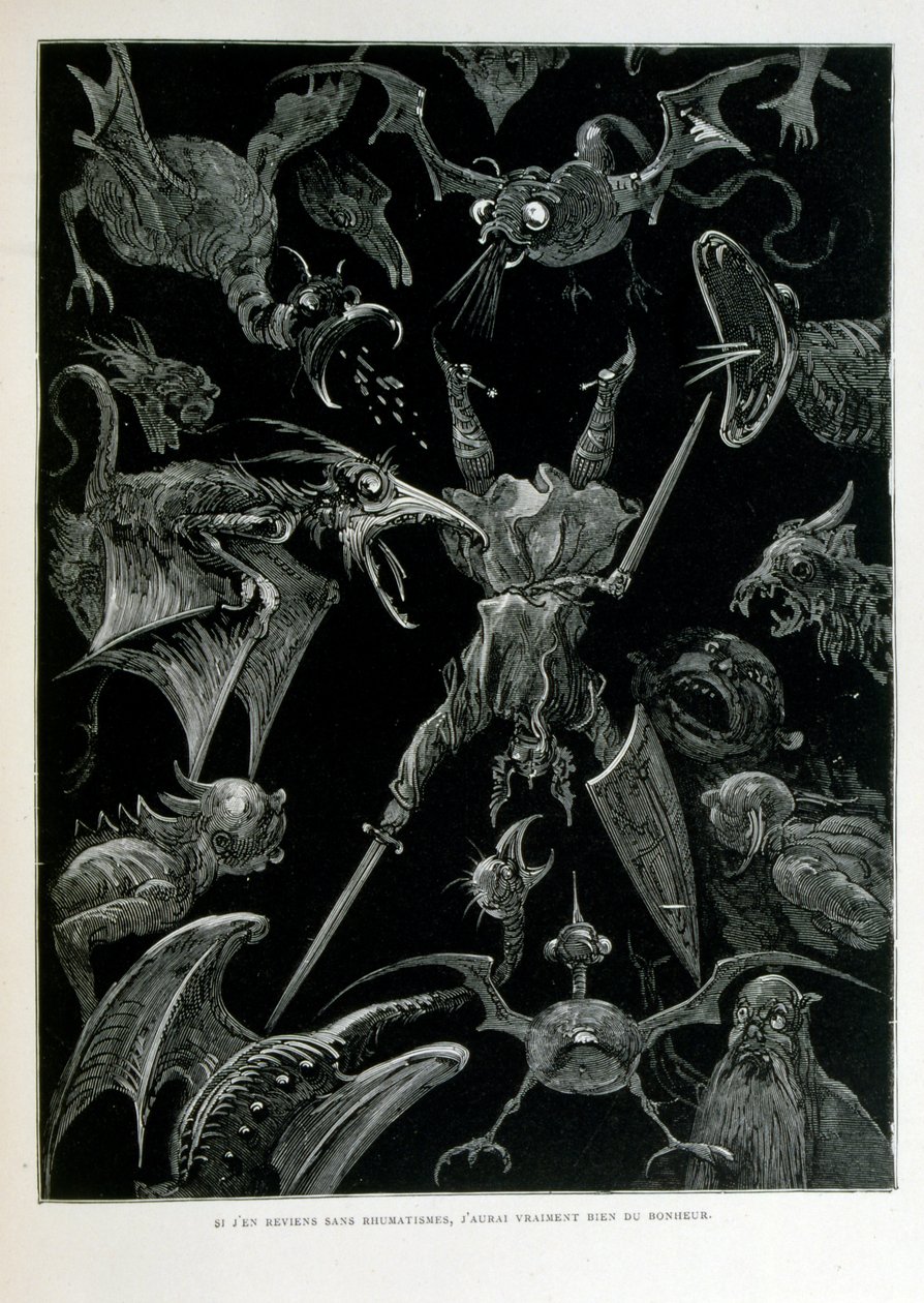 क्रोक-मिटाइन; 1863 चित्रण, गुस्ताव डोर द्वारा (1832 - 1883); फ्रांसीसी कलाकार, प्रिंटमेकर, चित्रकार। Croque-Mitaine (द बोगीमैन) बच्चों को डराने और इस तरह उन्हें समझदार बनाने के लिए प्रस्तुत किया गया एक हानिकारक चरित्र है। द्वारा गुस्ताव डोर