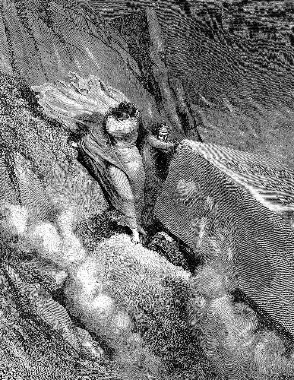 डांटे और वर्जिल रसातल के किनारे पर जिससे एक बदबूदार गंध उठी, 1863 द्वारा गुस्ताव डोर