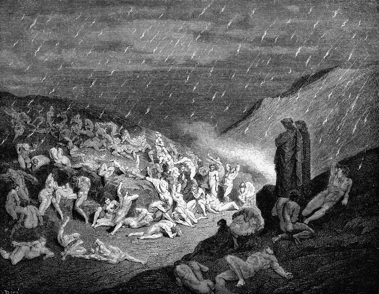 दांते और वर्जिल ने आत्माओं को नरक में, 1863 में पीड़ा में नीचे देखा द्वारा गुस्ताव डोर
