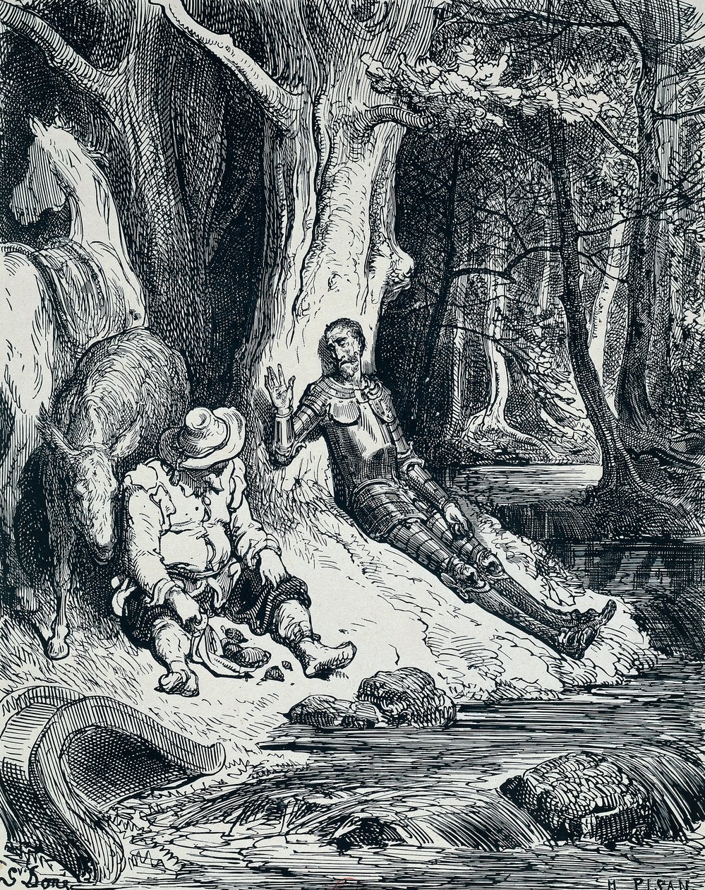 डॉन क्विक्सोट और सांचो पांजा, चित्रण में, गुस्ताव डोरे द्वारा '(1832-1883) डॉन क्विक्सोट के लिए, मिगुएल डे सर्वेंट्स सावेद्रा (1547-1616) द्वारा द्वारा गुस्ताव डोर