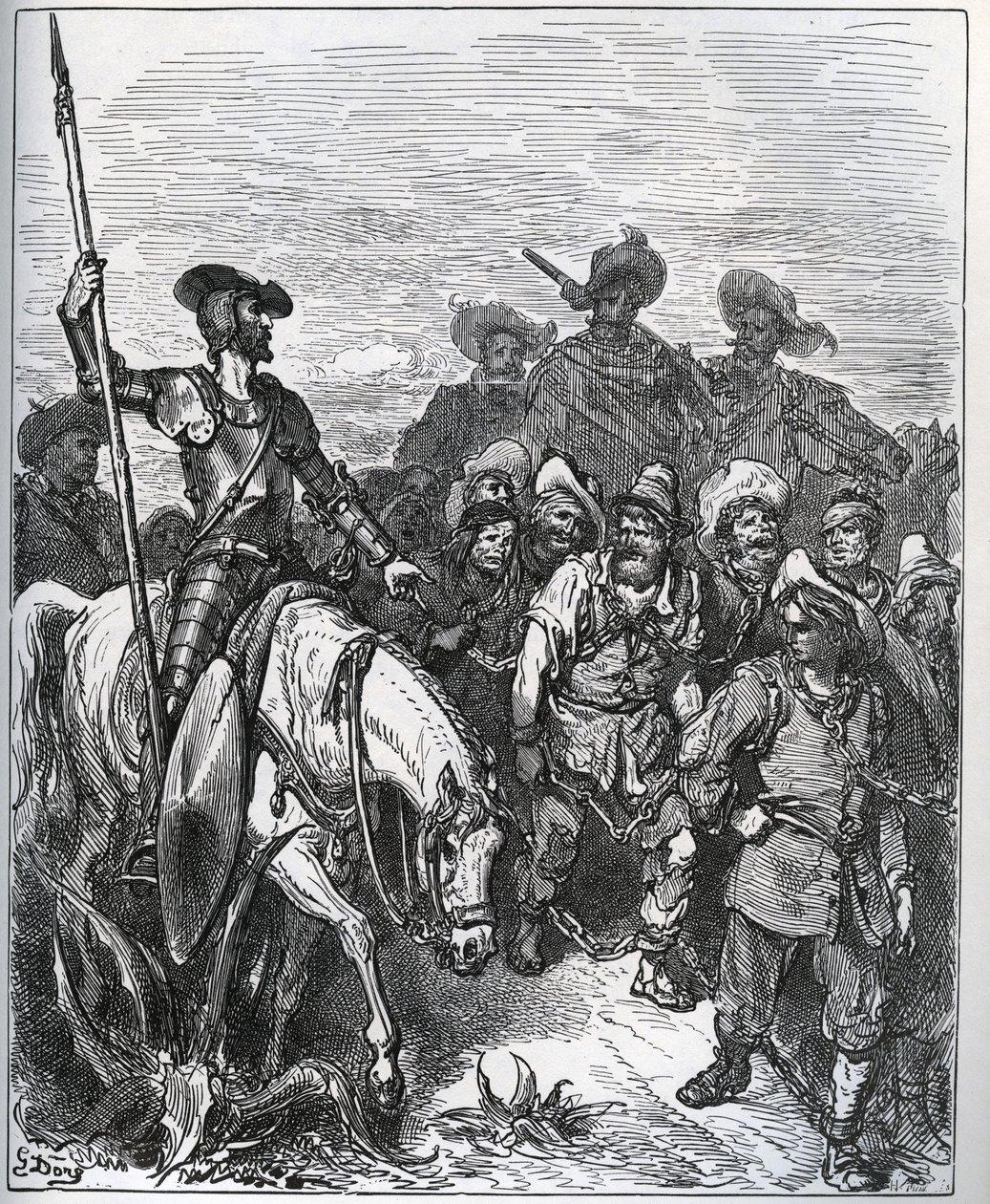 डॉन क्विक्सोट ने बलों से उनके दृढ़ विश्वास के कारणों के बारे में सवाल किया - मिगुएल सर्वेंट्स (1547-1616) (डॉन क्विक्सोट) द्वारा "डॉन क्विक्सोट डे ला मंच" से - गुस्ताव डोर द्वारा ड्राइंग के बाद वुडकट द्वारा गुस्ताव डोर