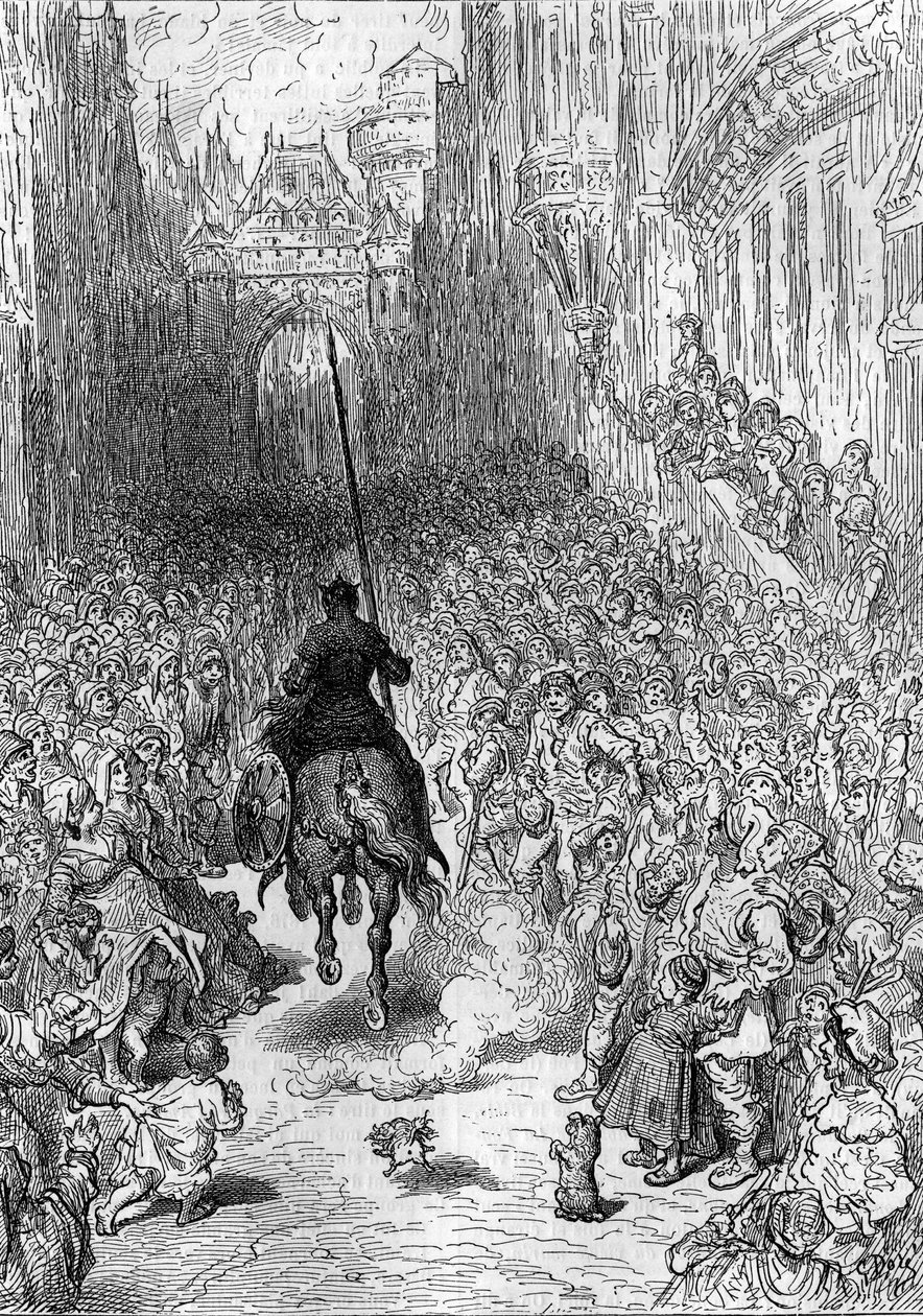 लुडोविको एरियोस्टो की कविता "" फ्यूरियस रोलैंड "" ("ऑरलैंडो फ्यूरियोसो") (16 वीं शताब्दी) के लिए गुस्ताव डोर (1832-1883) द्वारा ड्राइंग, जिसे एरियोस्टा के नाम से जाना जाता है। "" ले जर्नल डे ला जेनेसे "" मे द्वारा गुस्ताव डोर