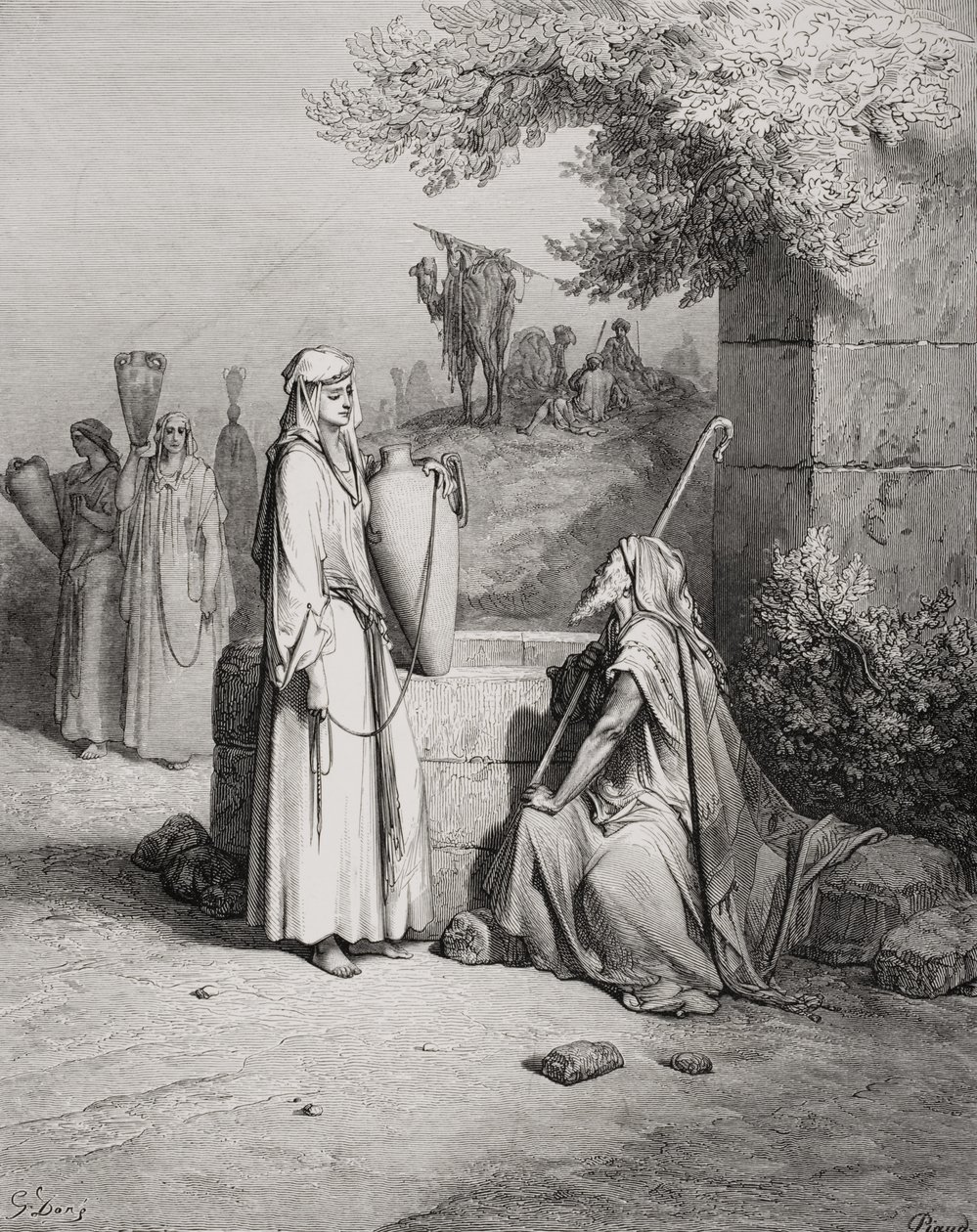 एलीएजर और रिबका, उत्पत्ति 24: 15-21, डोर की &39;द होली बाइबल&39; का चित्रण, पियूड द्वारा लिखित, 1866 द्वारा गुस्ताव डोर