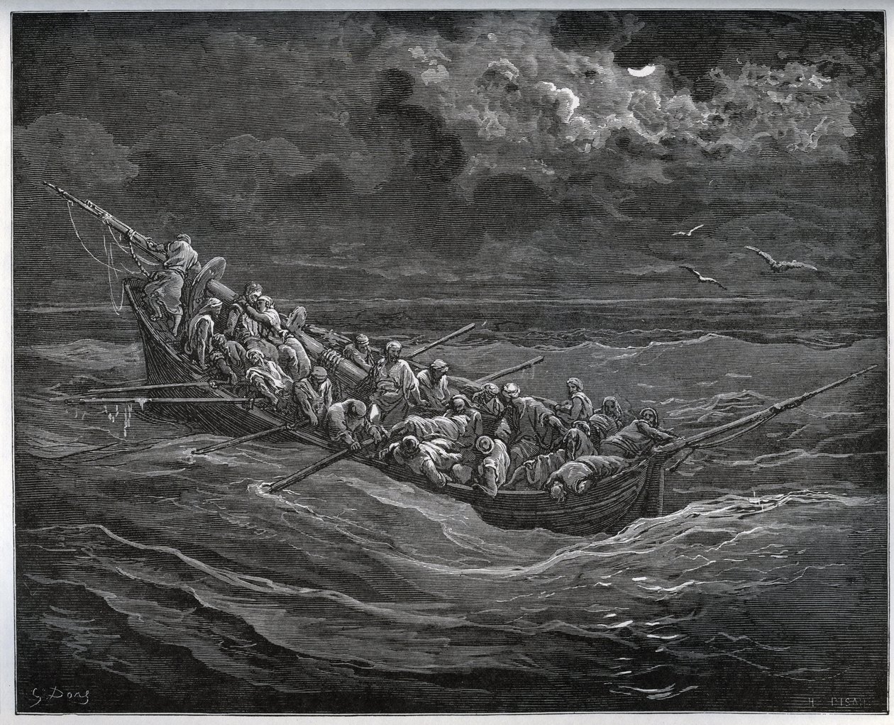 अल्जीयर्स से स्पेन तक भागने वाली नाव में बंदी के साथ ज़ोराइड का पलायन - मिगुएल सर्वेंट्स (1547-1616) (डॉन क्विक्सोट) द्वारा "डॉन क्विक्सोट डे ला मंच" से - गुस्ताव डोर द्वारा ड्राइंग के बाद वुडकट द्वारा गुस्ताव डोर