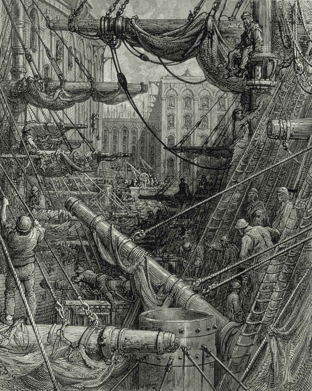 लंदन डॉक्स में. उत्कीर्णन: गुस्ताव डोरे। प्रेषक: quot;लंदन - एक तीर्थयात्राquot;, डब्ल्यूबी जेरोल्ड द्वारा लिखित, सी. मौरेंट द्वारा उत्कीर्ण, 1872। द्वारा गुस्ताव डोर