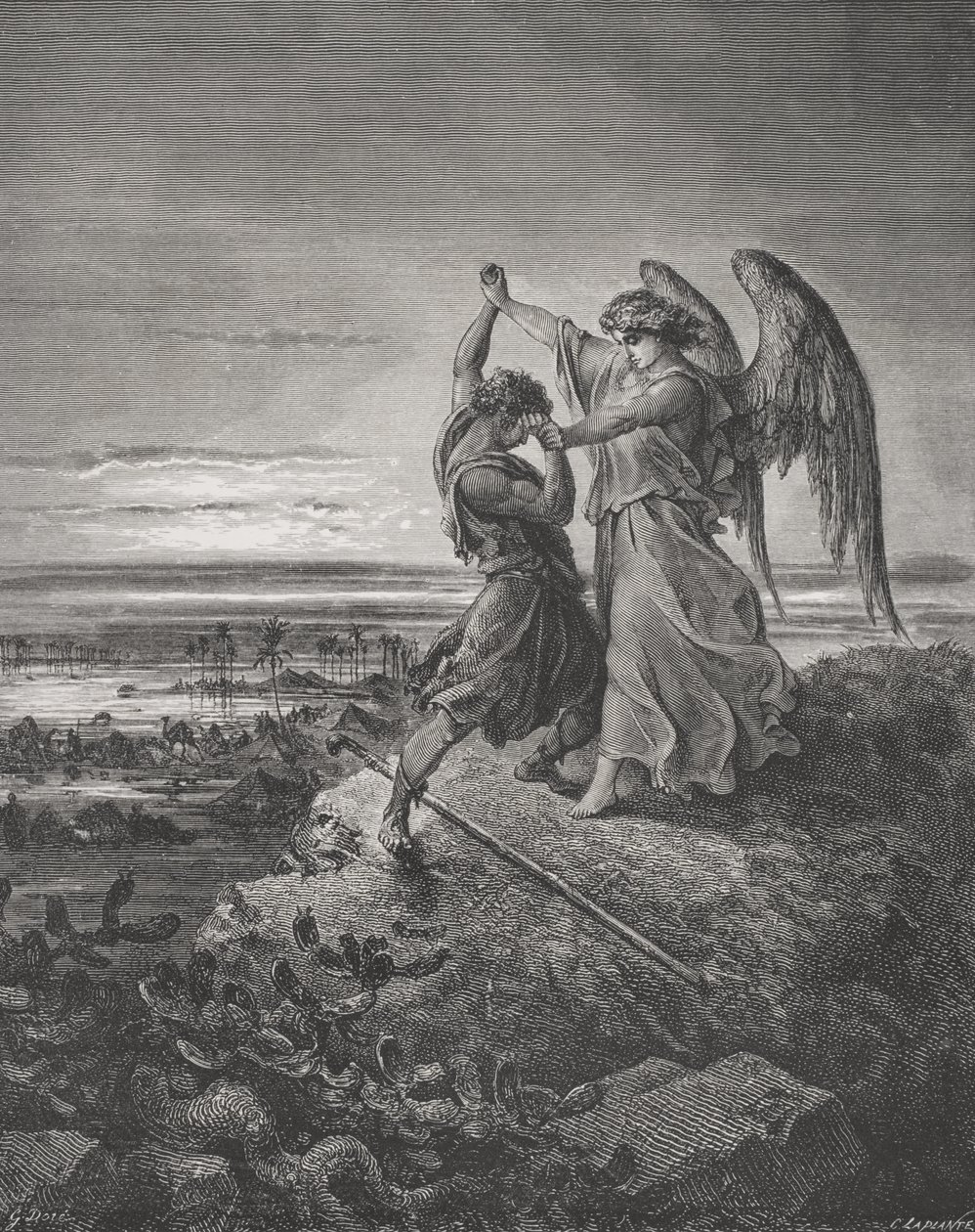याकूब, एन्जिल के साथ कुश्ती, उत्पत्ति 32: 24-32, डोर की &39;द होली बाइबल&39; का चित्रण, लाप्लांटे द्वारा उत्कीर्ण, 1866 द्वारा गुस्ताव डोर