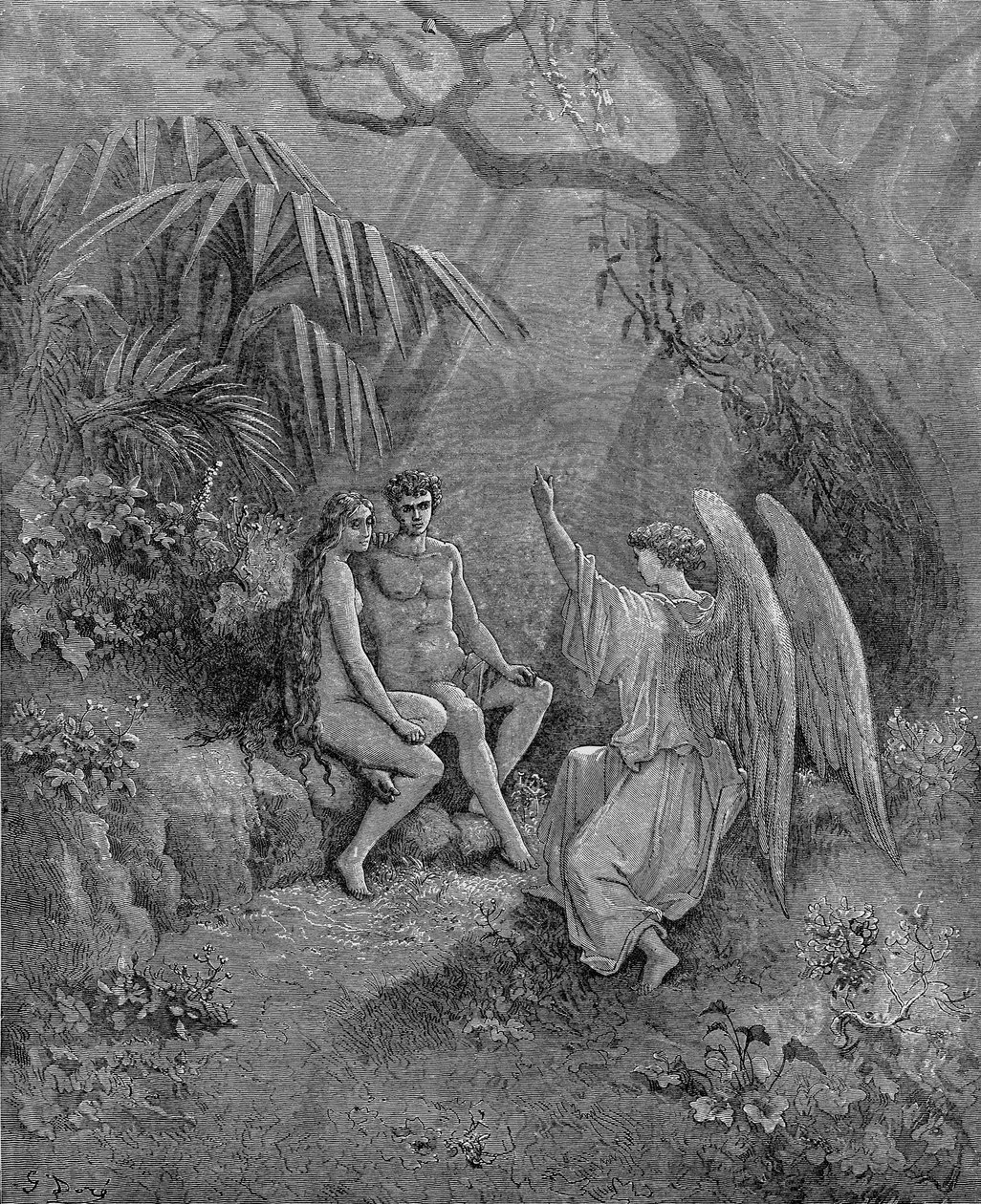 राफेल एडम और ईव से बात करता है। जॉन मिल्टन स्वर्ग के लिए चित्रण लॉस्ट, 1866 द्वारा गुस्ताव डोर