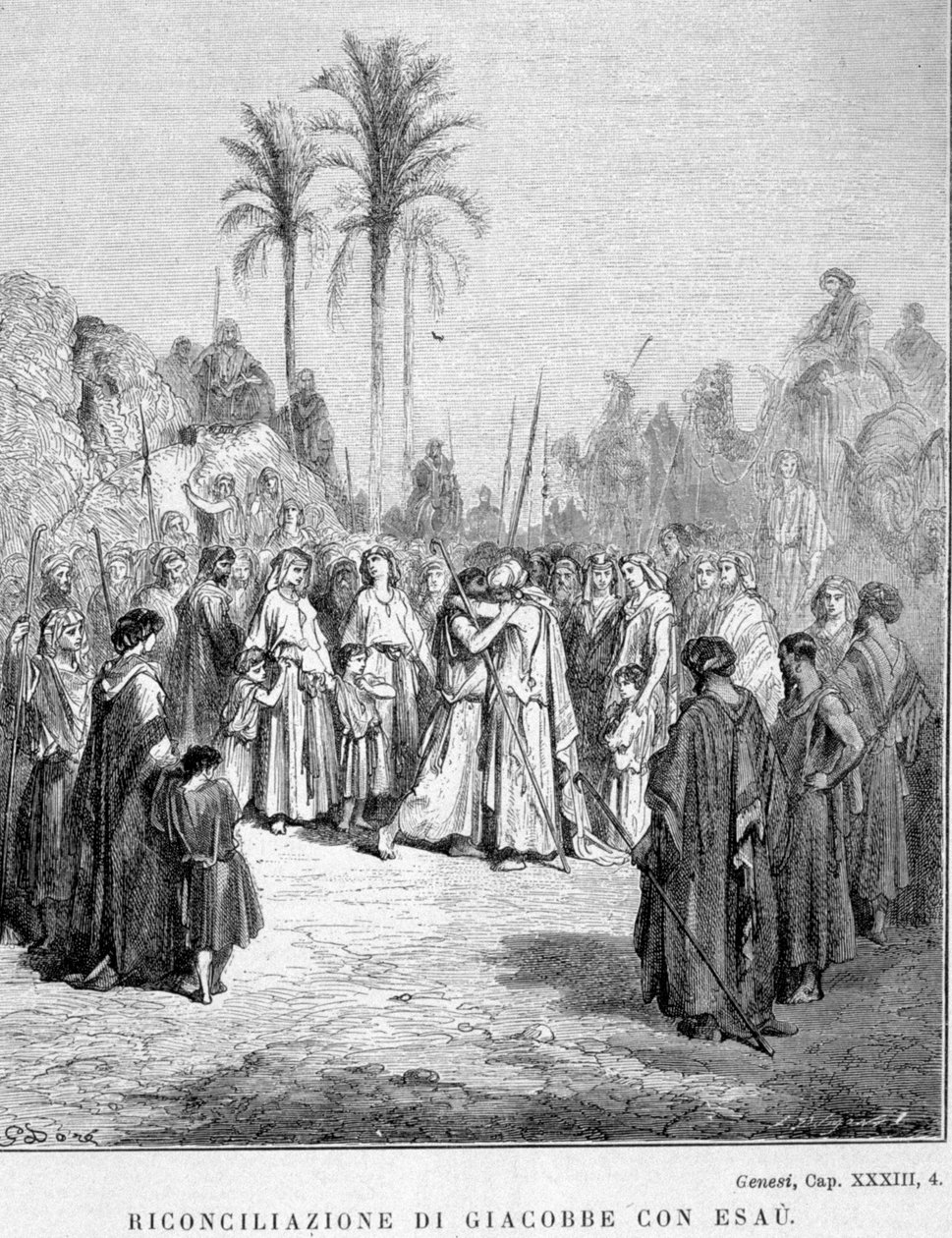 याकूब और एसाव का मेल मिलाप। उत्पत्ति, XXXIII, 4. गुस्ताव डोरे का चित्रण। द्वारा गुस्ताव डोर