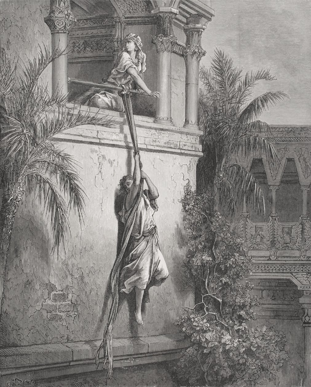 द एस्केप ऑफ द विंडो के माध्यम से, डोर की &39;द होली बाइबल&39;, 1866 से चित्रण द्वारा गुस्ताव डोर