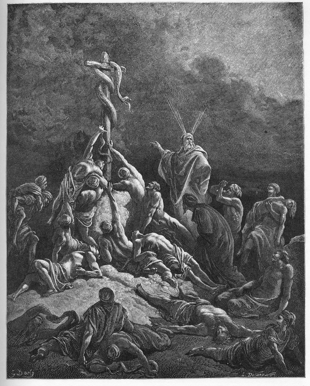 ब्रेज़ेन स्नेक - "" द ब्रेज़ेन स्नेक"" - एक्सोडस (नाहश) की पुस्तक, मूसा की छड़ी को एक सर्प में बदलना - मूसा और ब्रेज़ेन सर्प - - गुस्ताव डोर द्वारा "" द बाइबिल इलस्ट्री "" में उत्कीर्णन ( १८३२-१८८३) - "" द  द्वारा गुस्ताव डोर