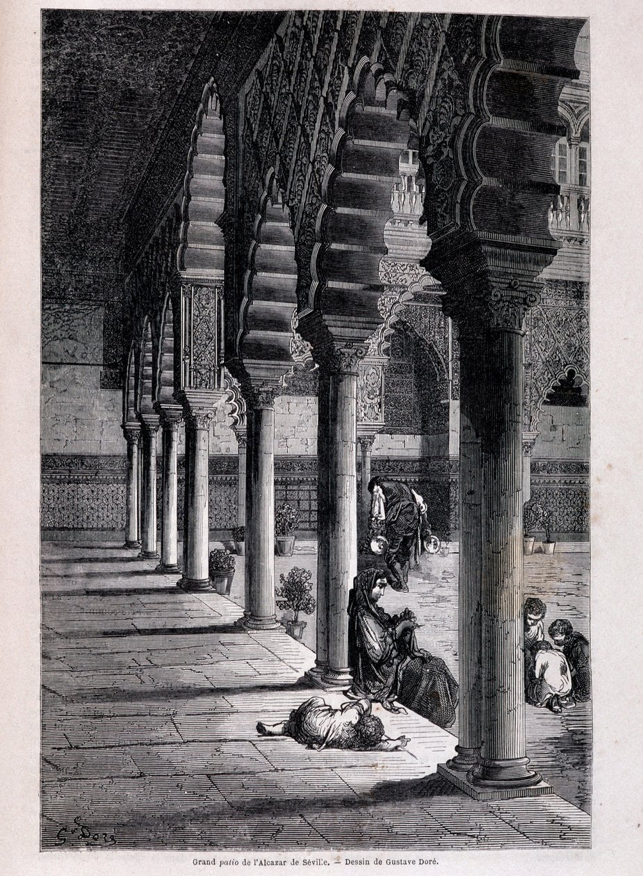 सेविले में अलकज़ार के बड़े आँगन का दृश्य - डोरे द्वारा, "" टूर डू मोंडे"" में, दूसरा सेम। १८६६. द्वारा गुस्ताव डोर
