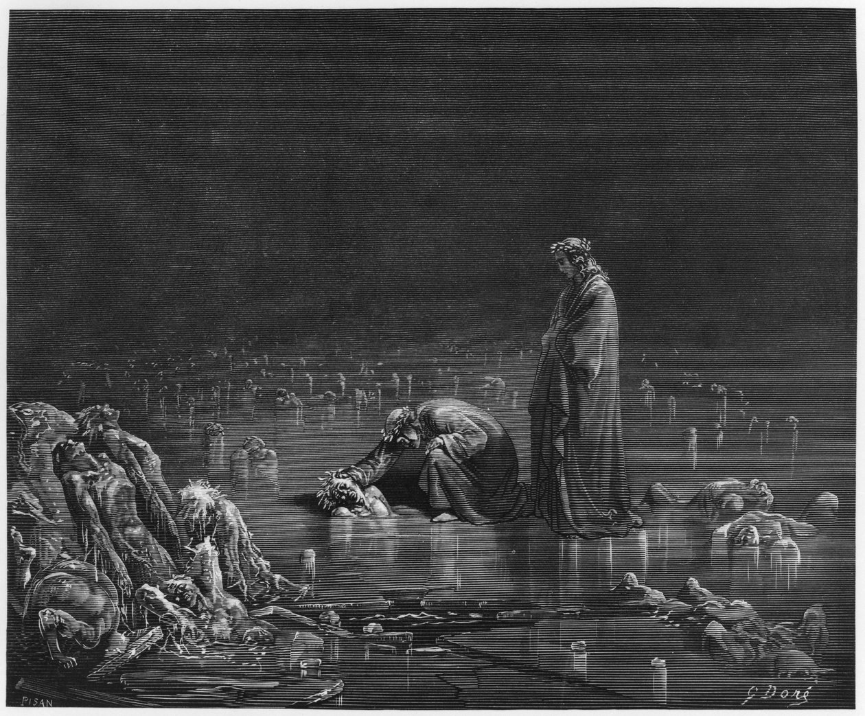 विर्गिल (70-19 ई.पू.) और दांते, दांते अलघिएरी (1265-1321) पेरिस द्वारा &39;द डिवाइन कॉमेडी&39; (इन्फर्नो) से चित्रण, 1885 में प्रकाशित द्वारा गुस्ताव डोर