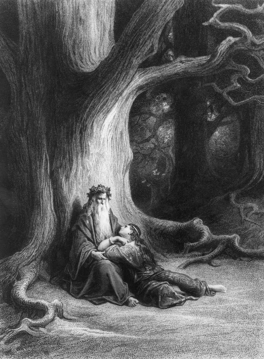 Brocéliande जंगल में मर्लिन जादूगर और विवियन परी। अल्फ्रेड टेनीसन की कविता "विवियन" पर आधारित (वर्लाग हैचेटे द्वारा प्रकाशित, पेरिस, 1868) द्वारा गुस्ताव डोर