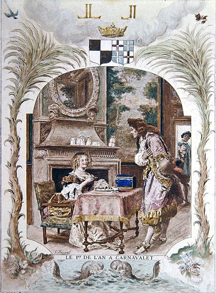नए साल के दिन, पेरिस में होटल कार्नावलेट में मैडम डी सेविग्ने, c.1900 (कलर लिथो) द्वारा गुस्ताव जेकेट