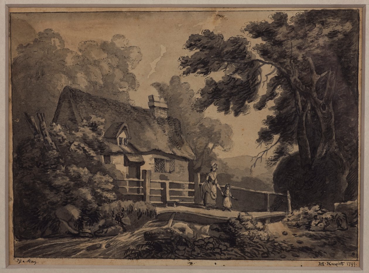 एक माँ और बच्चा एक धारा को पार करते हुए, 1799 (पेंसिल, कागज पर स्याही से धोना) द्वारा एच। नाइट