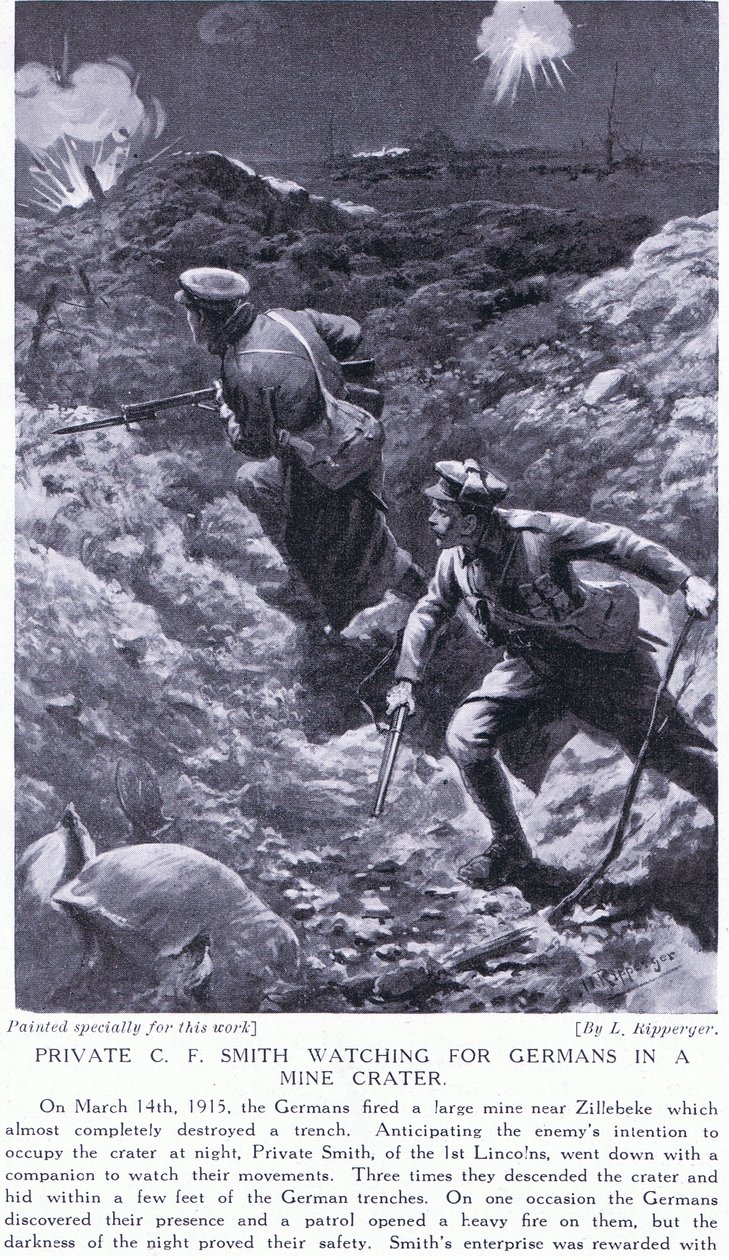 मार्च 1915 में ज़िल्बेके के खदान में गड्ढे में जर्मनों को देख रहे निजी सीएफ स्मिथ द्वारा एच। खूनी
