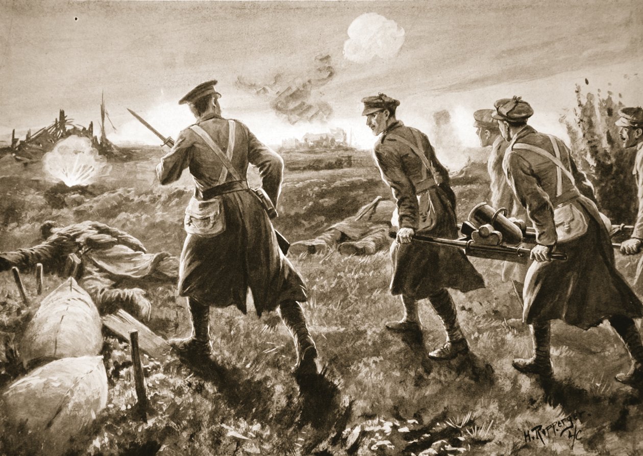 निजी डी एथ दुश्मन की तर्ज पर खुले में एक खाई मोर्टार ले जाने में सहायता करता है द्वारा एच। खूनी