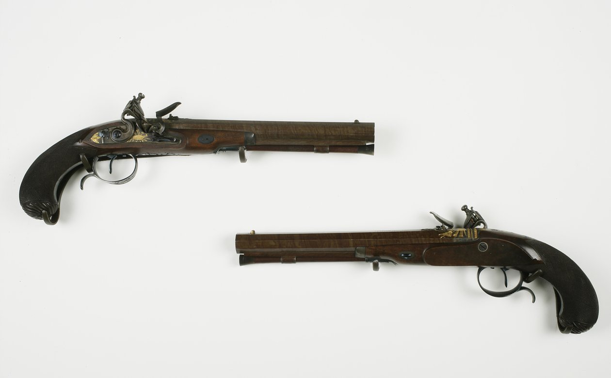 फ्लिंटॉक ड्यूलिंग पिस्टल की जोड़ी, c.1780-1800 (मिश्रित मीडिया) द्वारा HW मोर्टिमर एंड संस