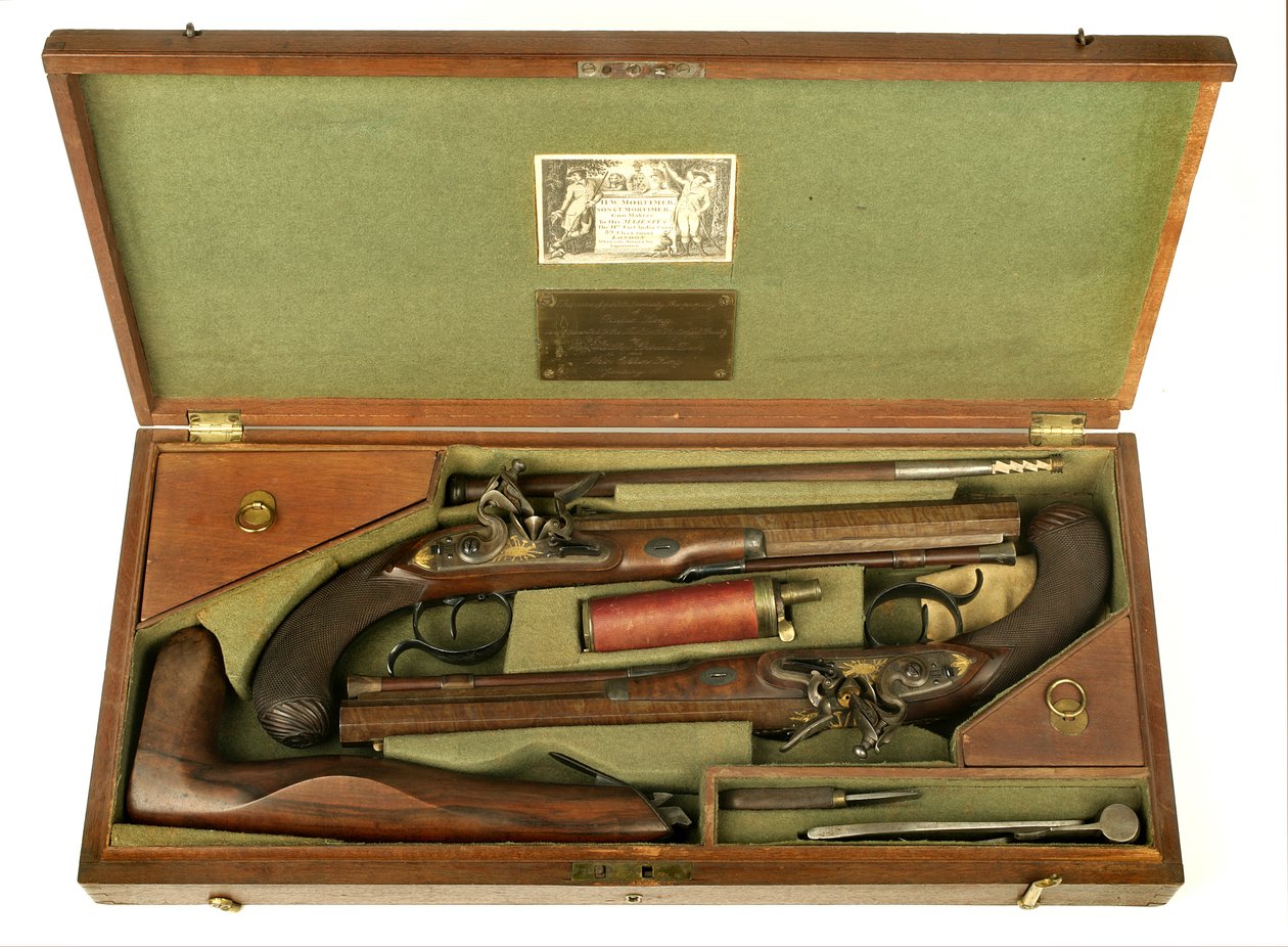 केस एंड एक्सेसरीज़ के साथ फ्लिंटलॉक ड्यूलिंग पिस्तौल की जोड़ी, c.1780-1800 (मिश्रित मीडिया) द्वारा HW मोर्टिमर एंड संस